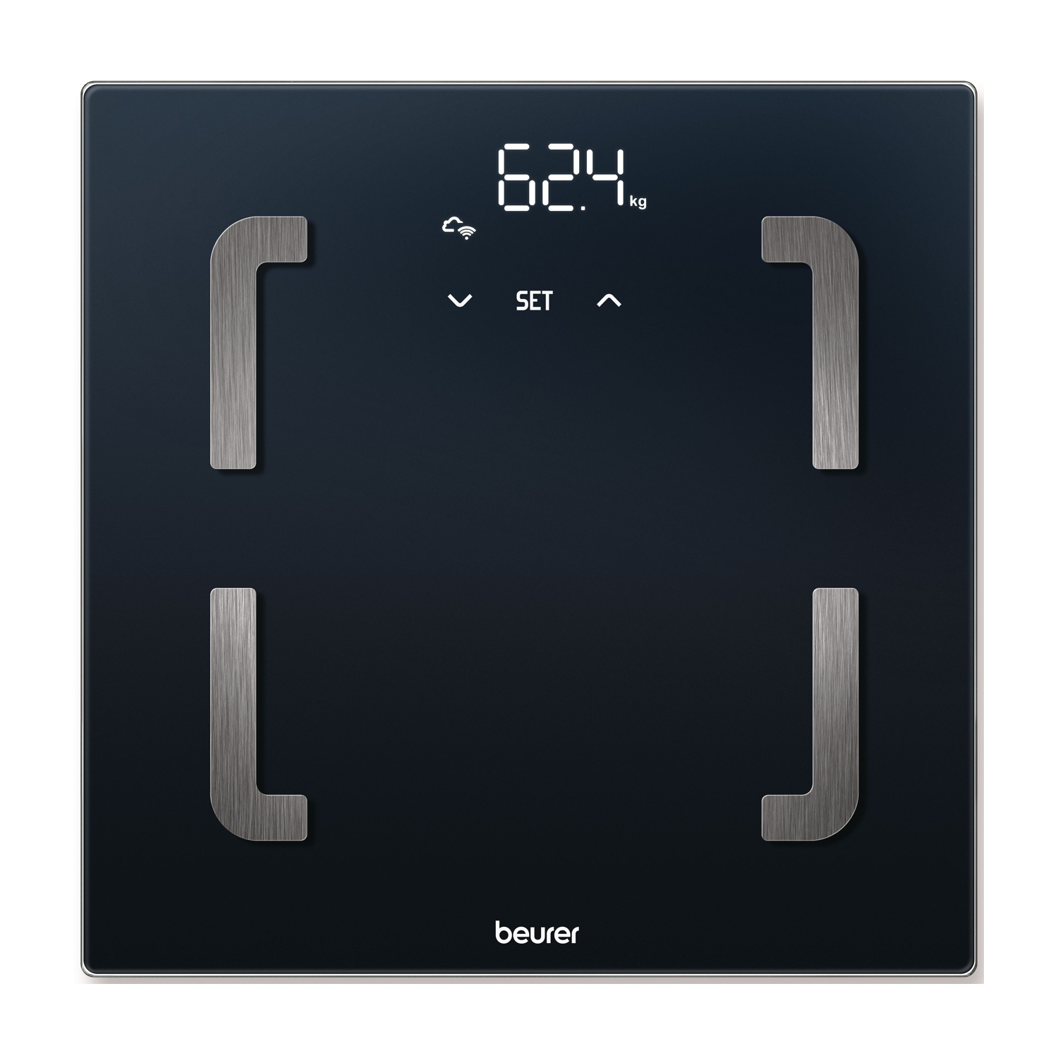 Una bilancia digitale nera con elettrodi argentati che mostra 62,4 kg.