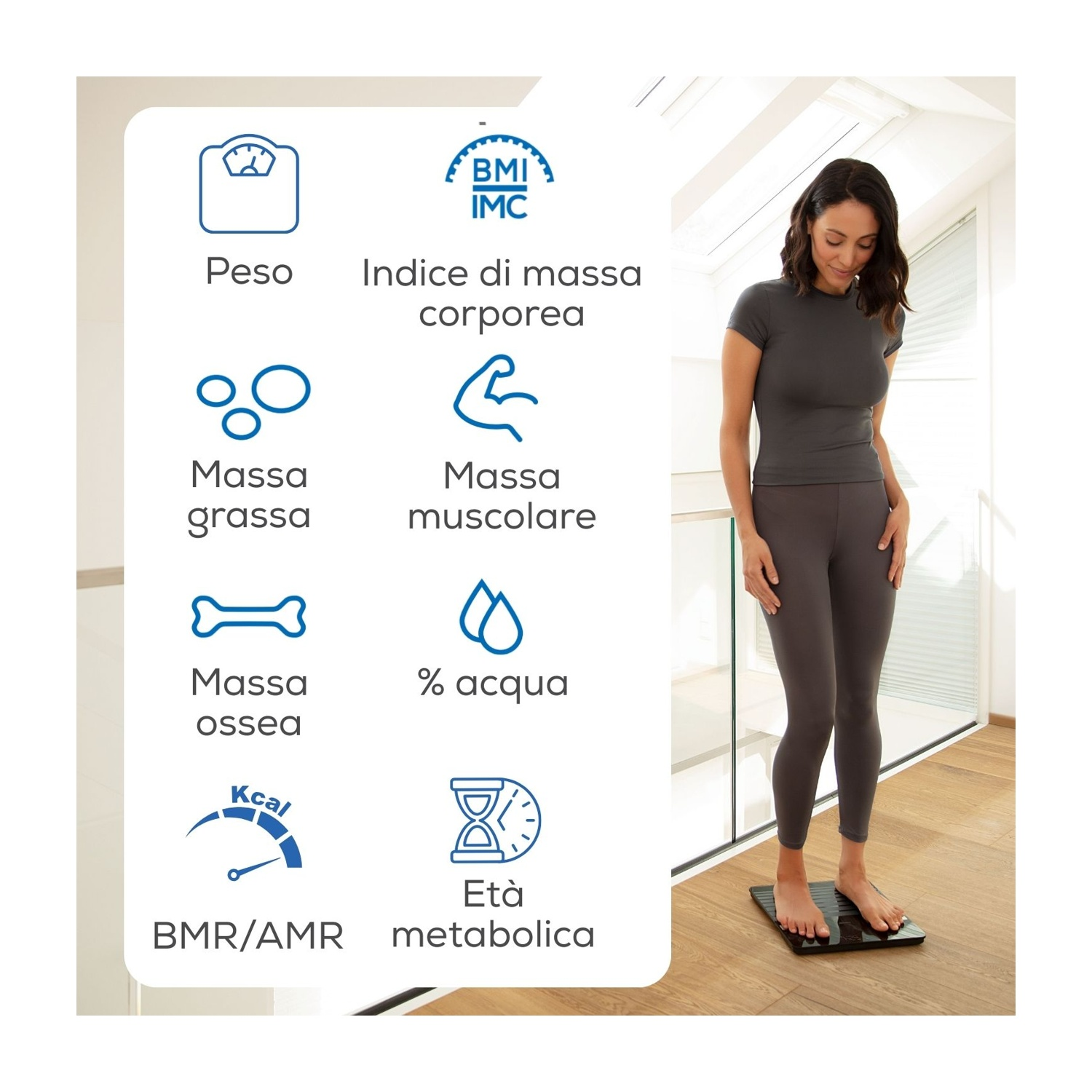 Una donna in piedi su una bilancia digitale, con accanto grasso corporeo, massa muscolare e acqua.