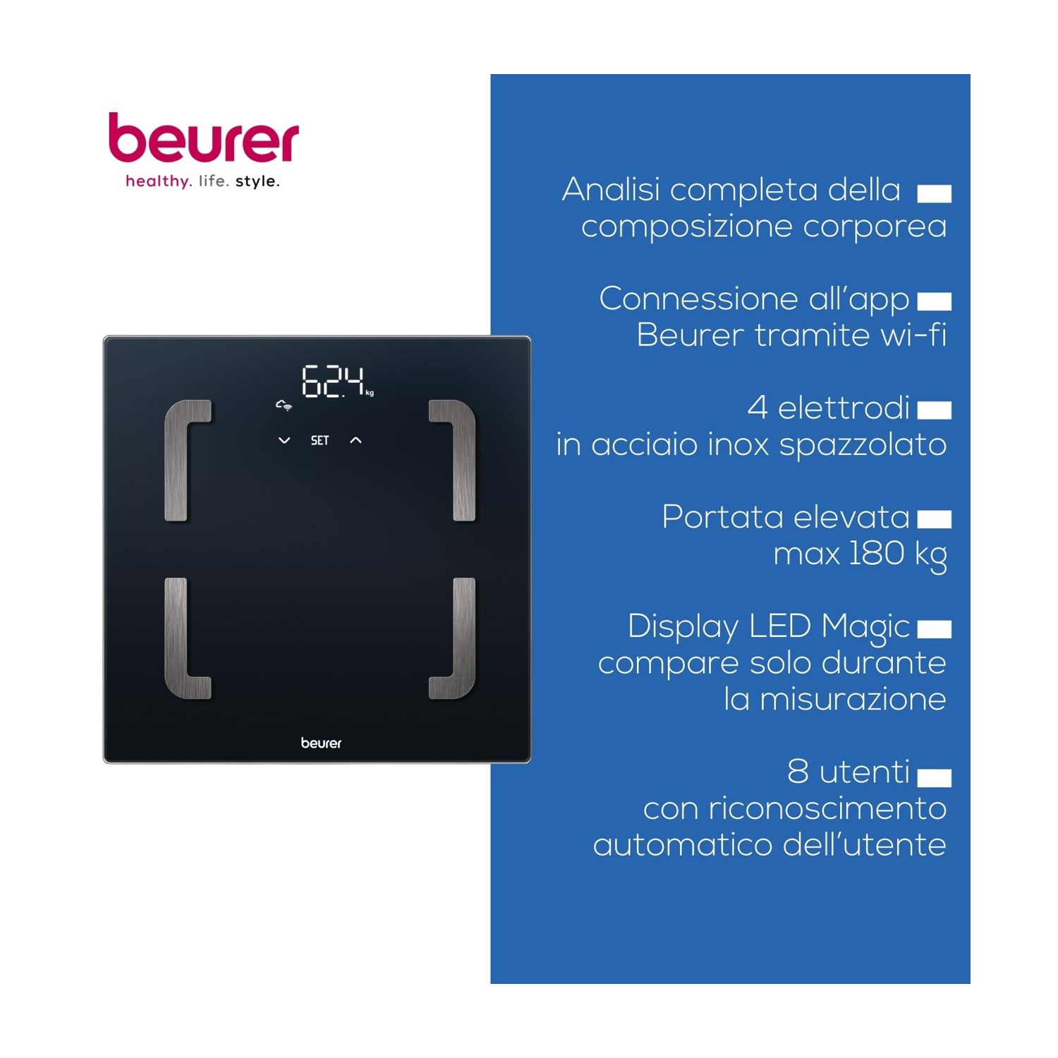 Bilancia digitale nera con logo Beurer e caratteristiche del prodotto in italiano.