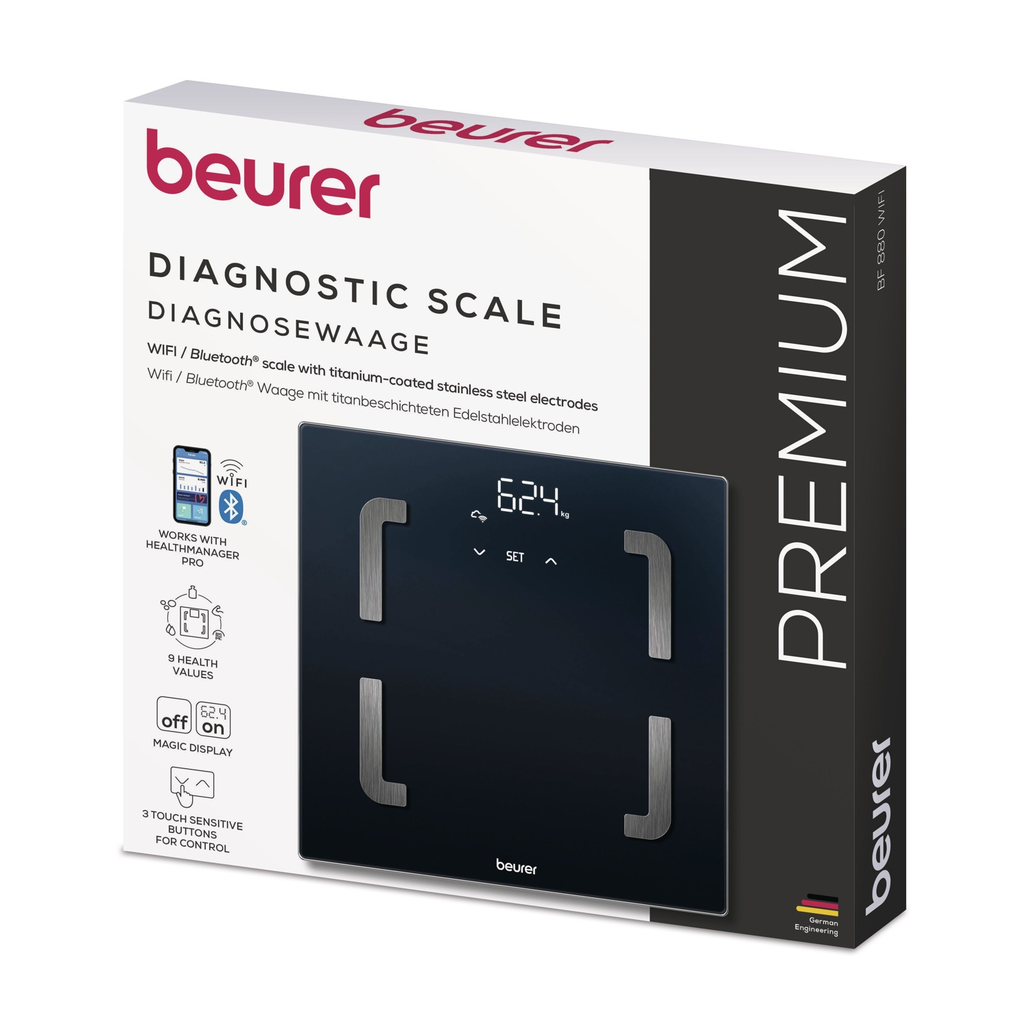 Bilancia diagnostica Beurer BF 880 con display digitale ed elettrodi neri.