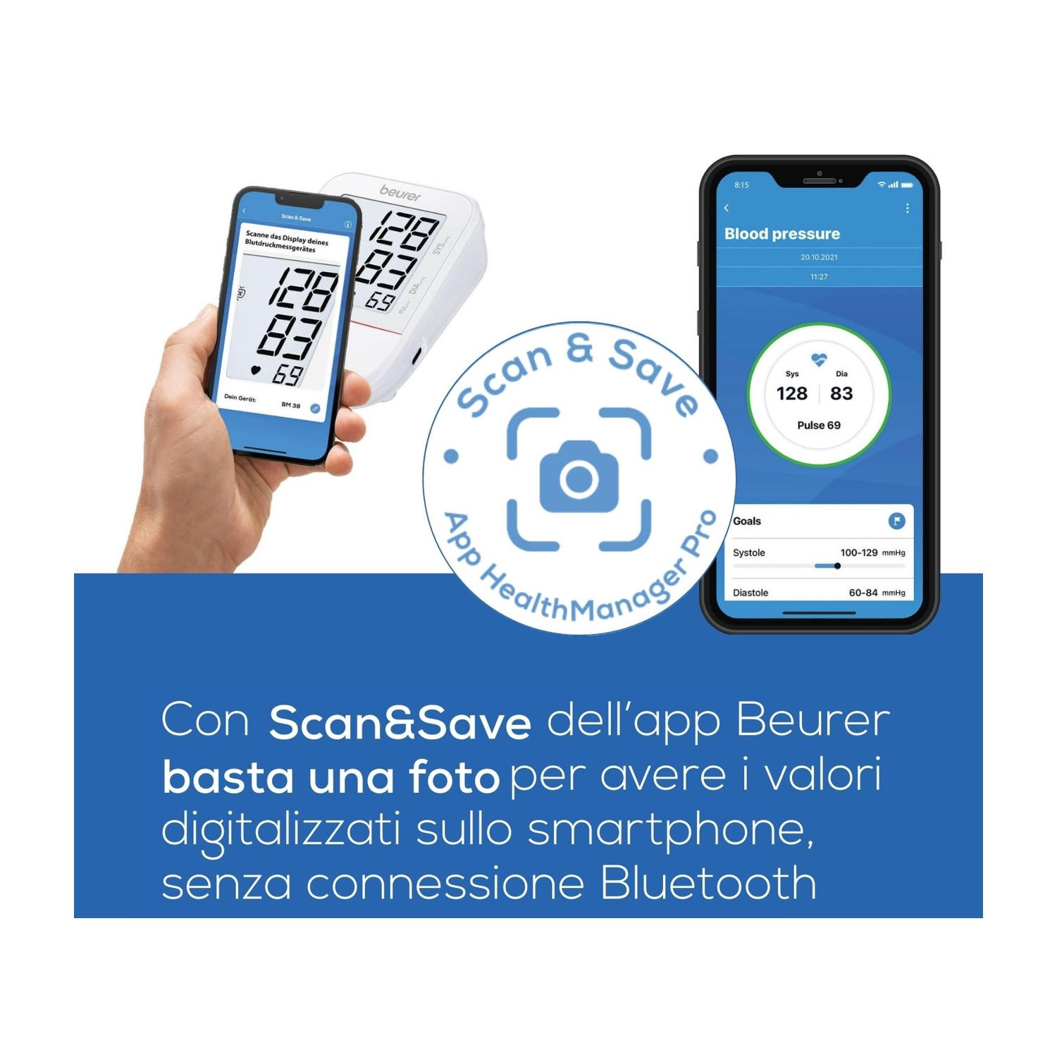 Un telefono scansiona un misuratore pressione Beurer. L'app mostra i valori.