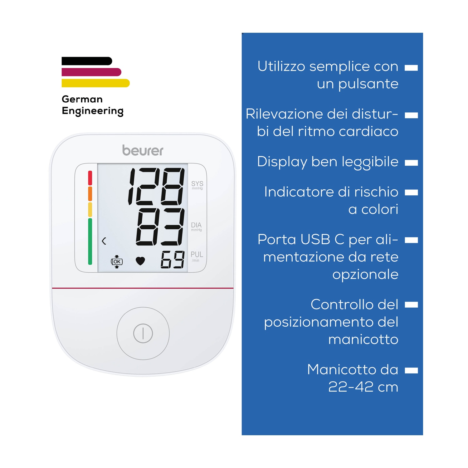 Un misuratore di pressione Beurer bianco con ampio display mostra 128/83 e 69 battiti.