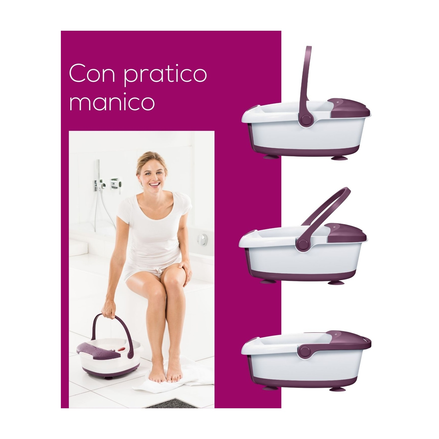 Una donna seduta su una vasca da bagno con in mano un secchio per pediluvio viola e bianco.