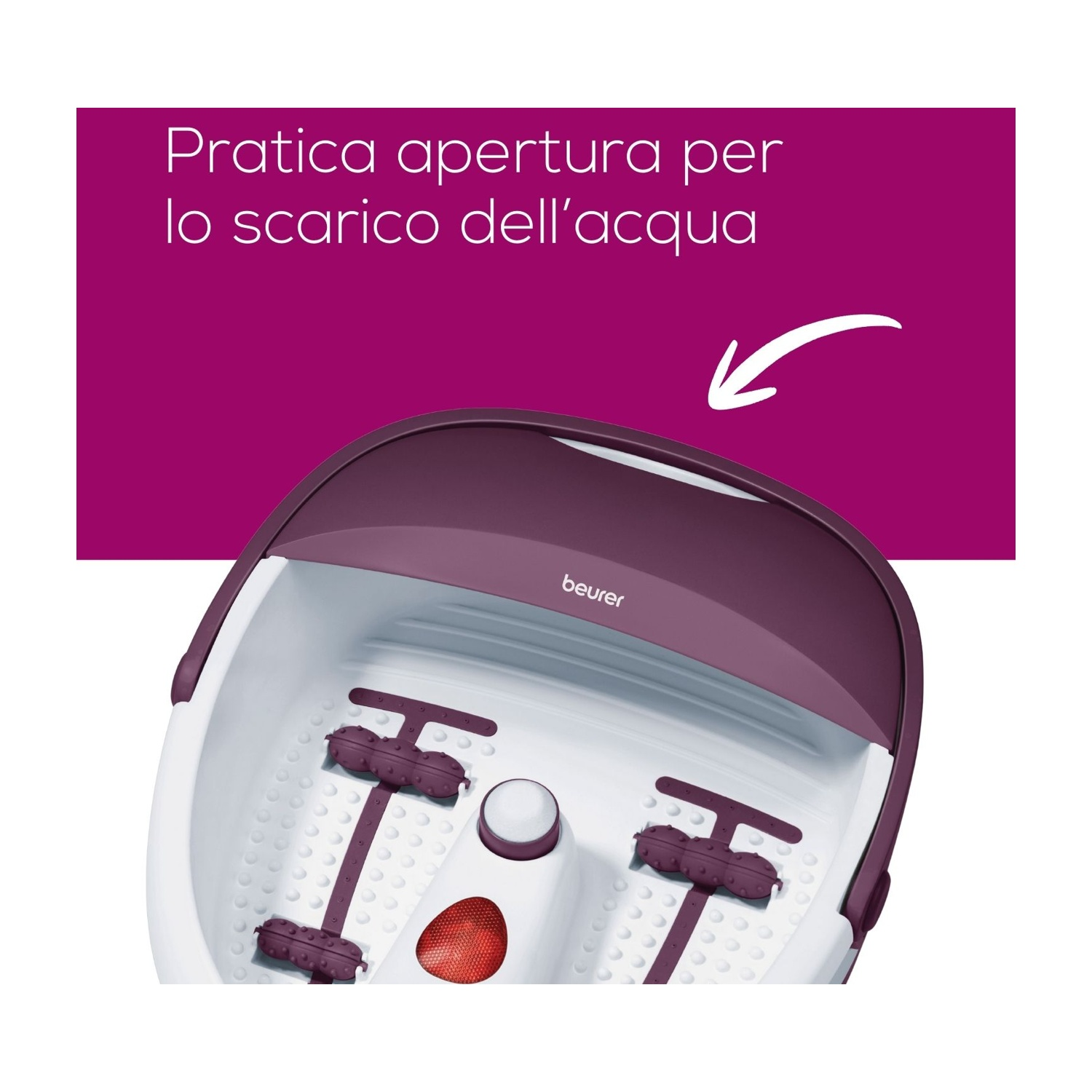 Un pediluvio viola con accessori massaggianti e elemento riscaldante rosso.