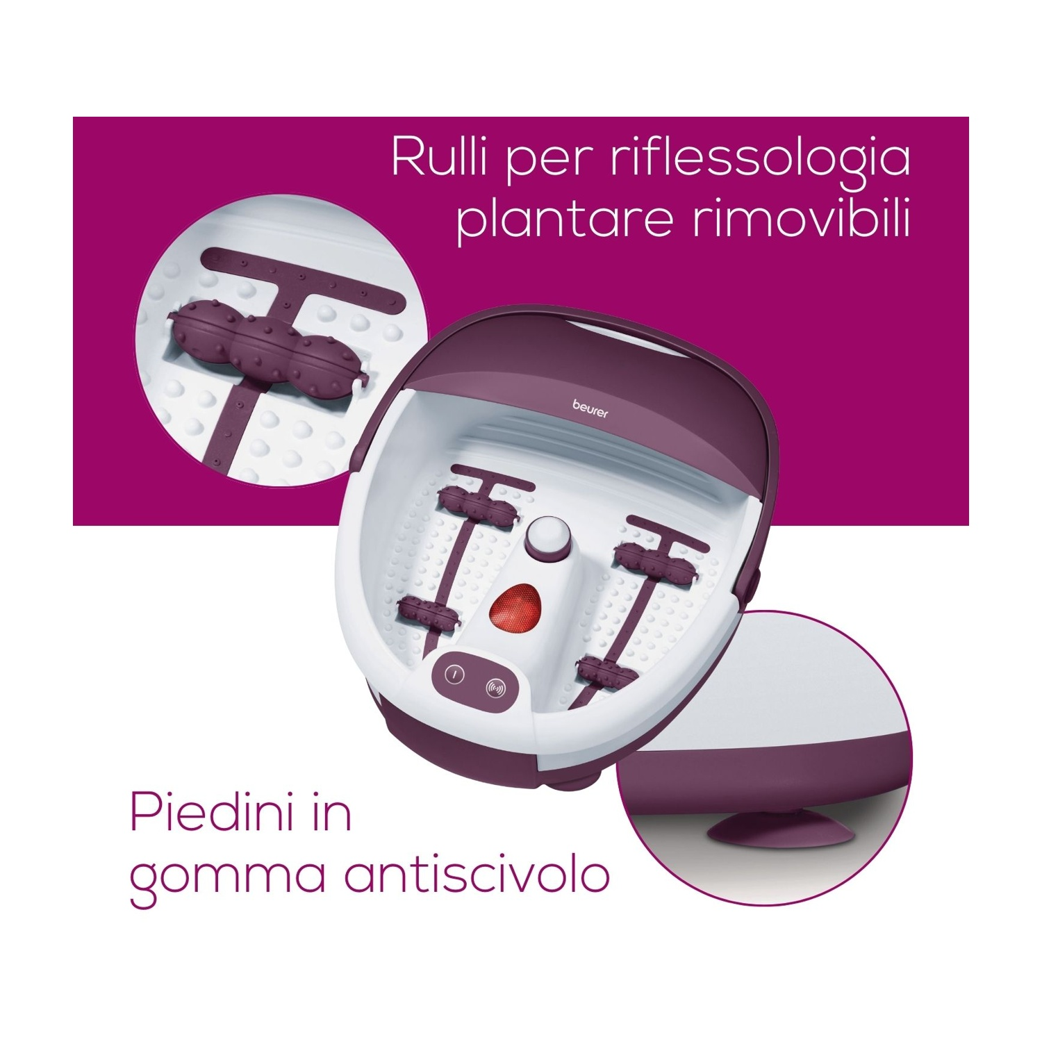 Vasca per piedi viola con rulli rimovibili e piedini in gomma.