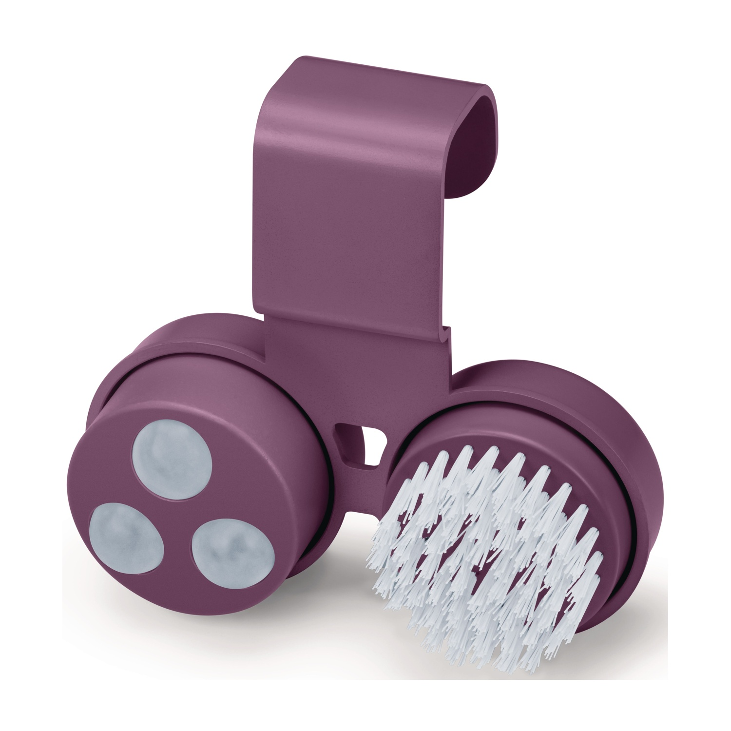 Spazzola per pulizie viola con tre ingressi rotondi e setole.