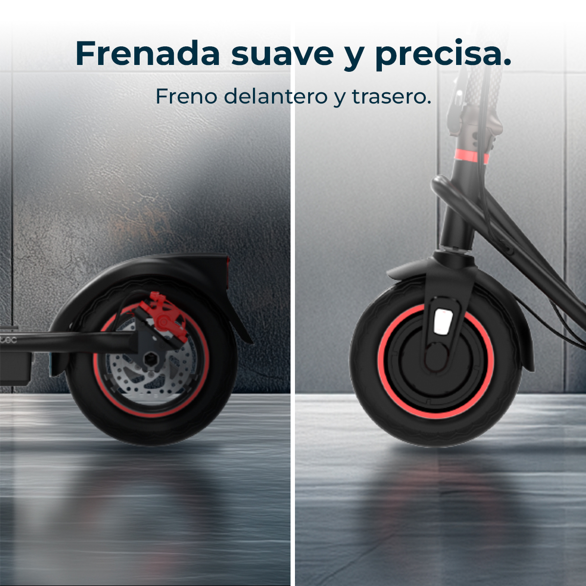 Primer plano de las ruedas delantera y trasera de un patinete eléctrico negro con detalles rojos.