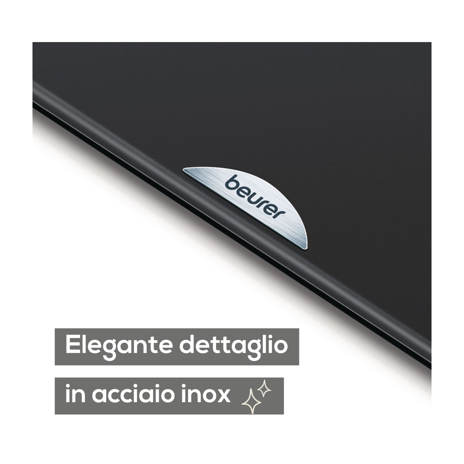 Bilancia nera con logo Beurer in metallo spazzolato e testo.