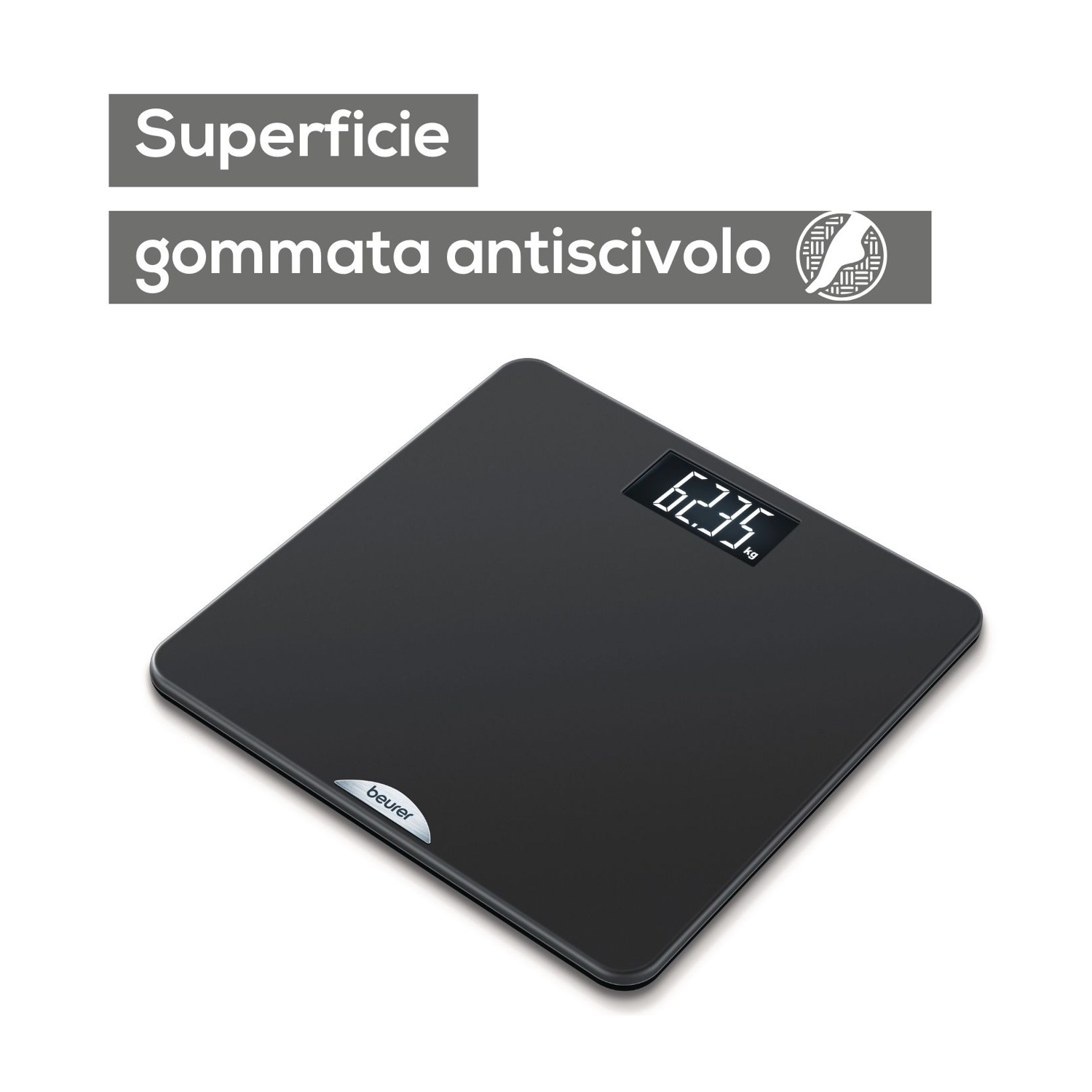 Bilancia digitale nera da bagno che mostra 62,35 kg.