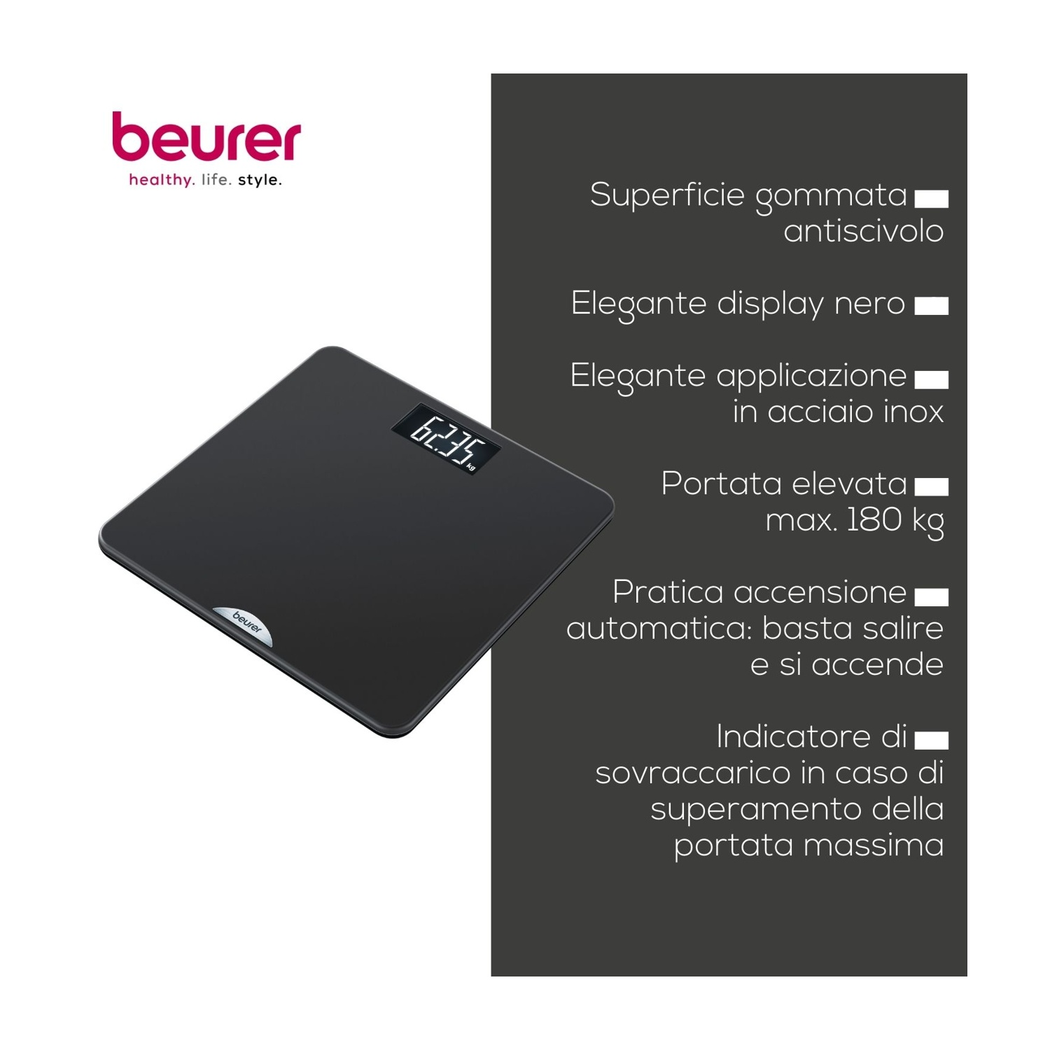 Bilancia digitale nera con logo Beurer argentato che mostra 62,35 kg.