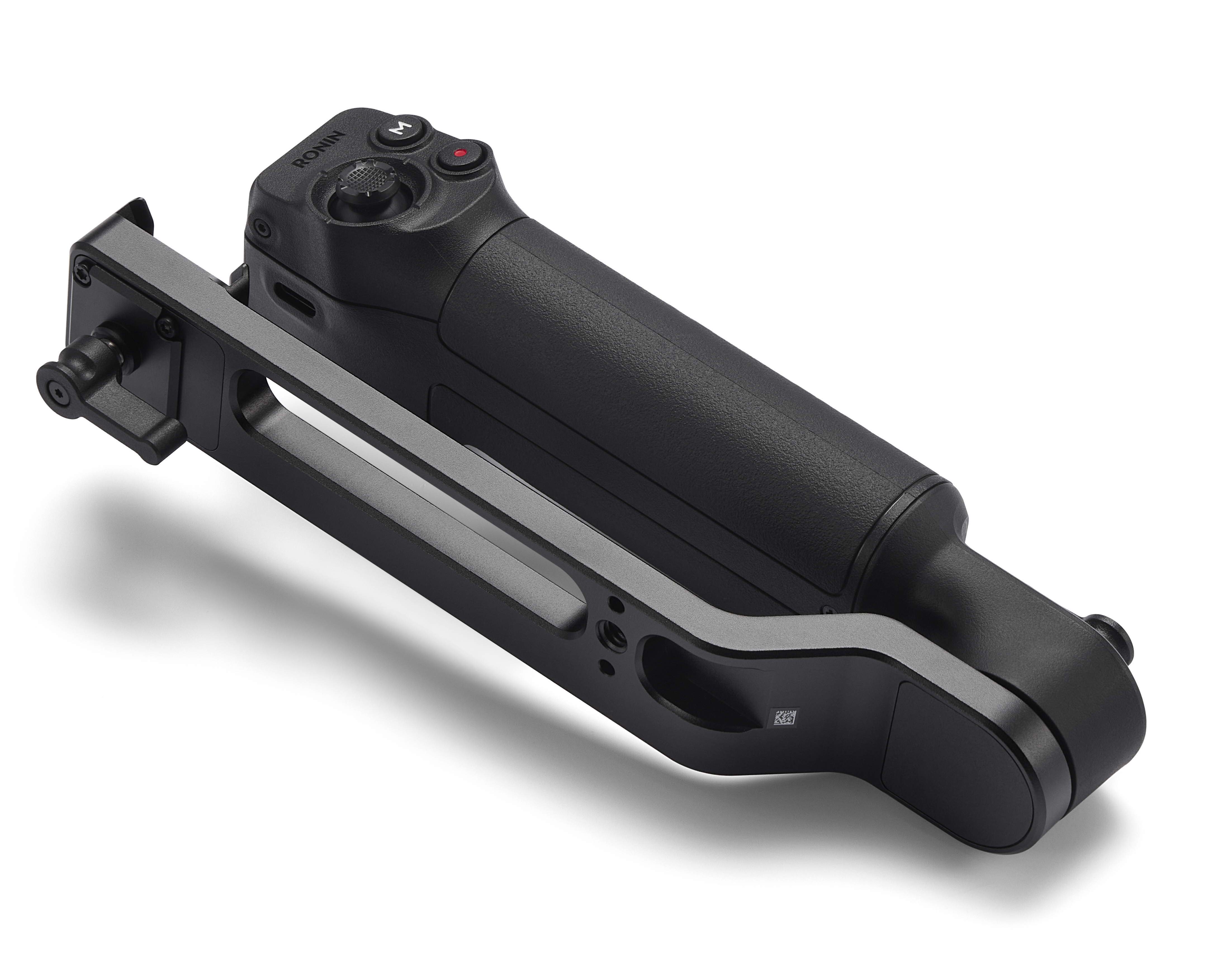 Czarny uchwyt gimbala z kontrolkami i ramieniem obrotowym na białym tle.