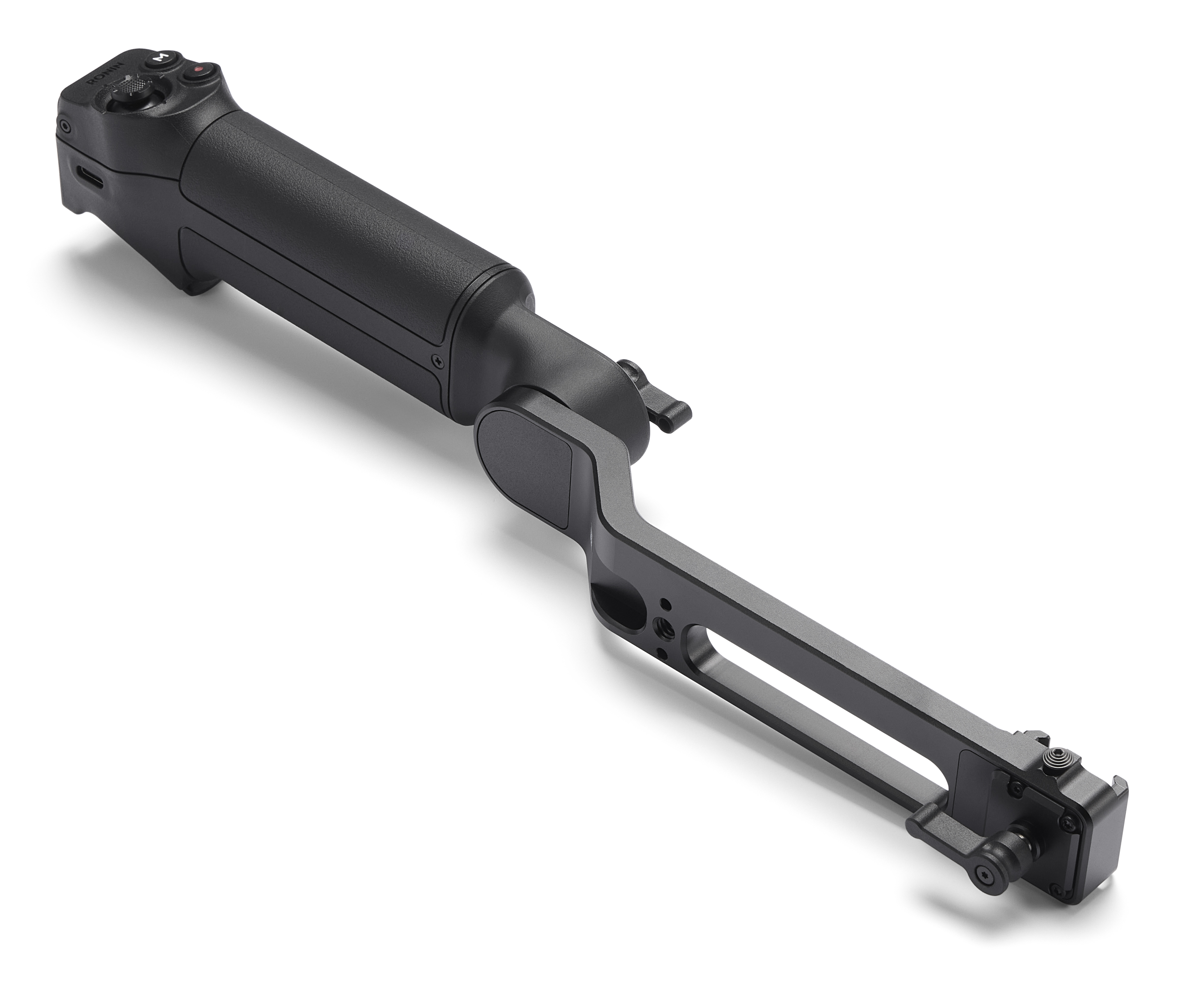 Czarny uchwyt gimbala z kontrolkami i wysuwanym ramieniem, na białym tle.