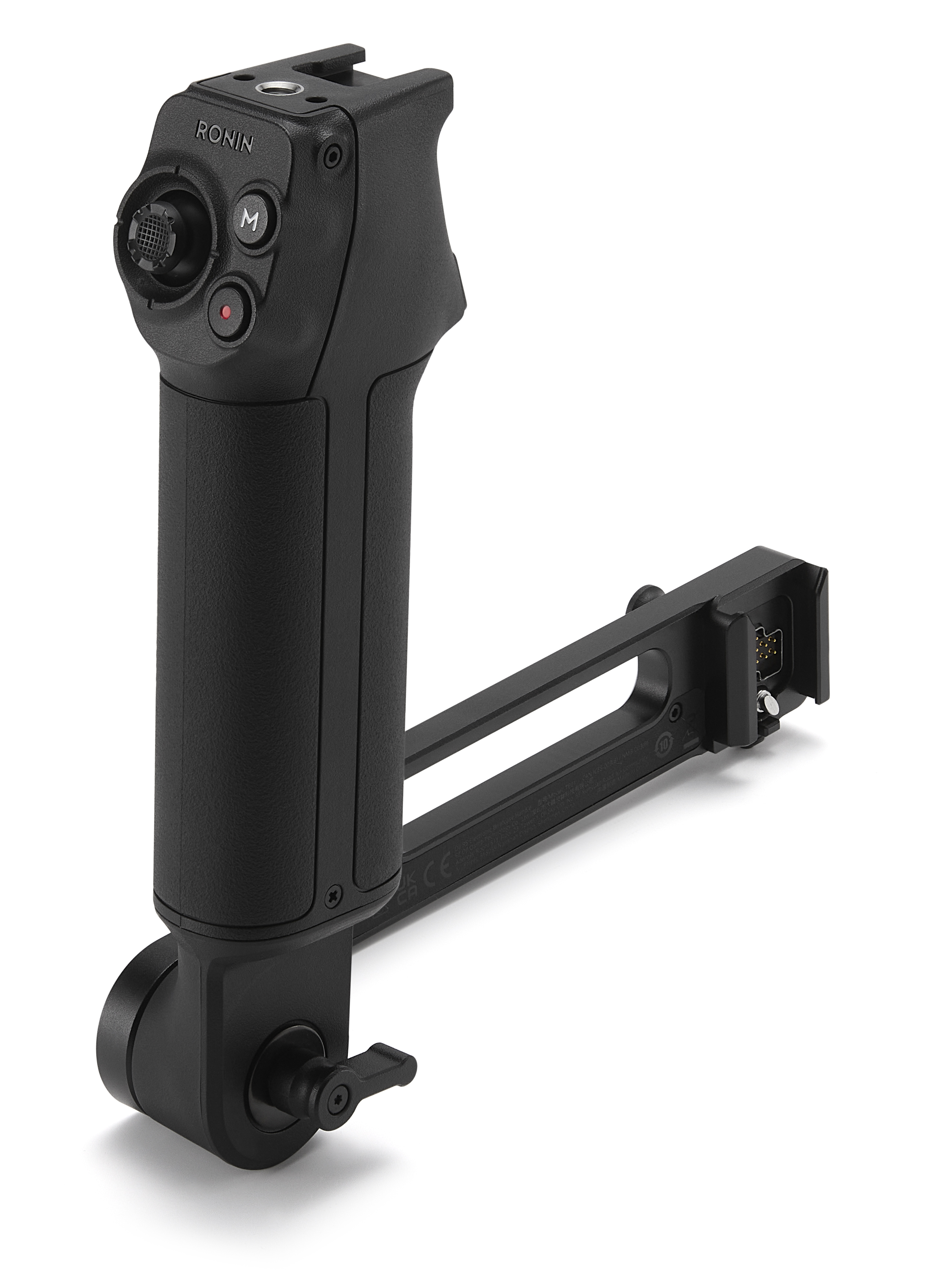 Czarny uchwyt kamery ze srebrnymi przyciskami i złączem.