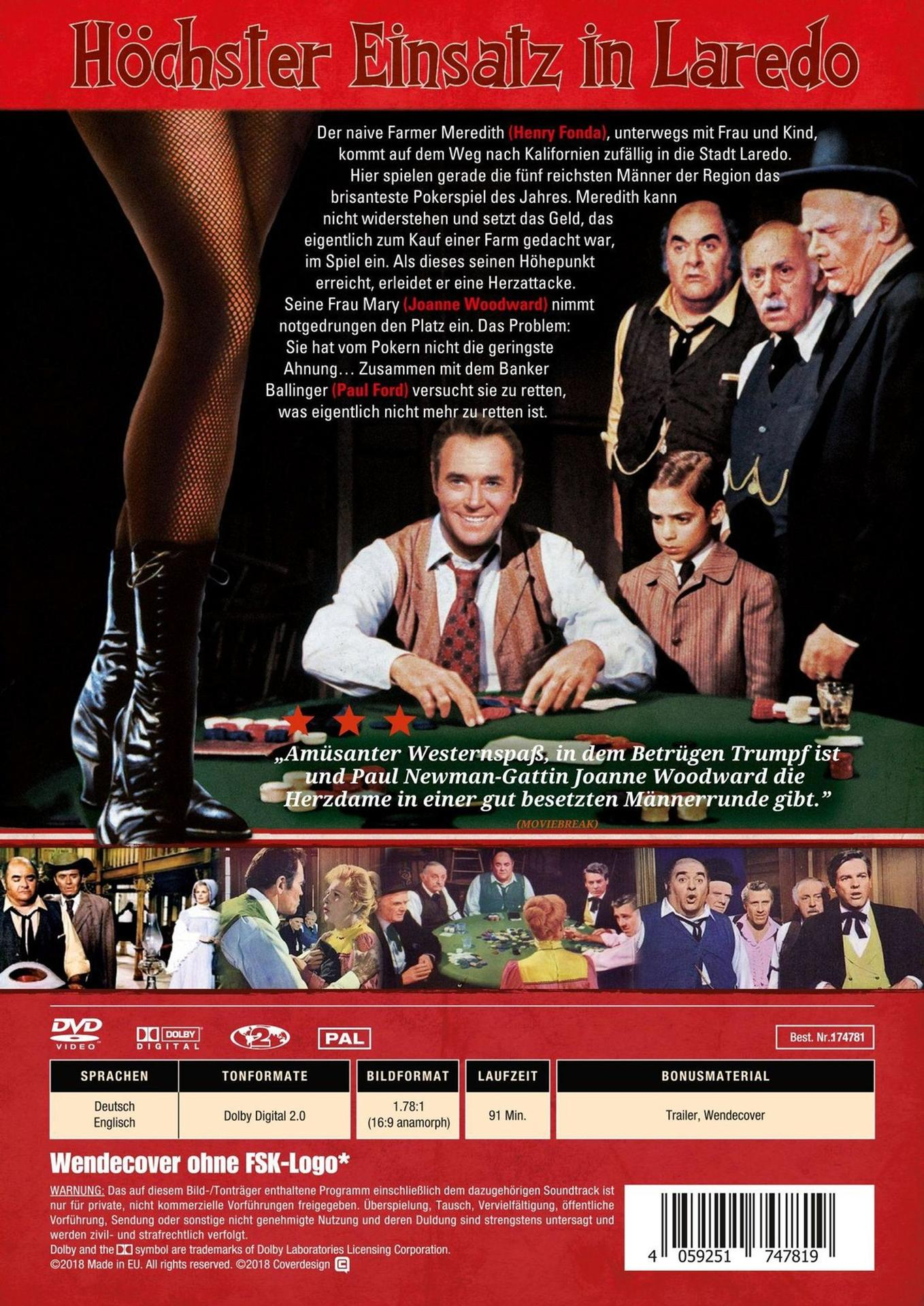 Filmplakat: Männer spielen Poker, eine Frau im Netzstrumpf. Titel: Höchster Einsatz in Laredo.