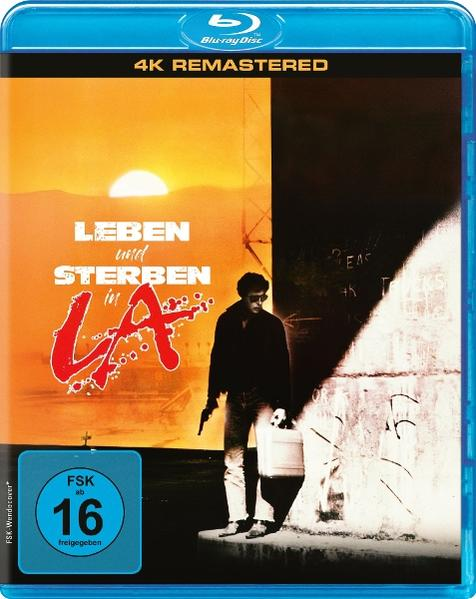 Mann mit Waffe und Eimer vor Schriftzug 'Leben und Sterben in LA'.