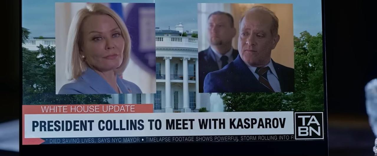 Nachrichten über den Weißen Haus: Präsidentin Collins trifft Kasparov. Weißes Haus im Hintergrund.