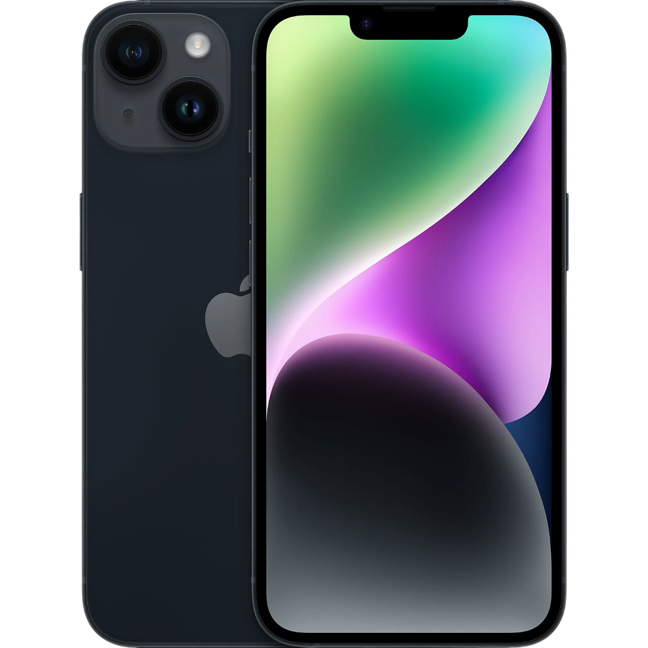 Arkada çift kamera lensli ve Apple logolu koyu mavi iPhone.