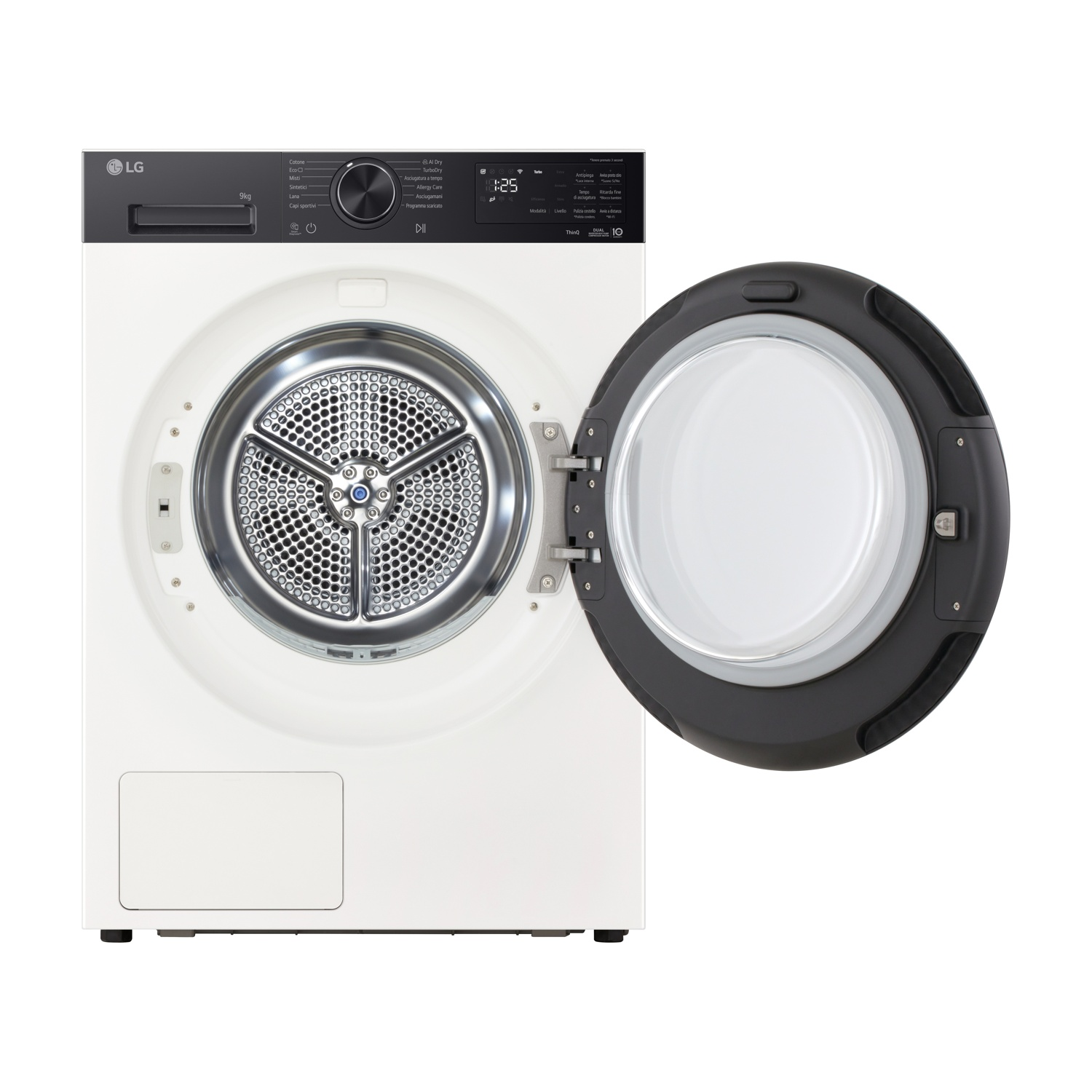 Lavatrice LG bianca con porta aperta, tamburo visibile.