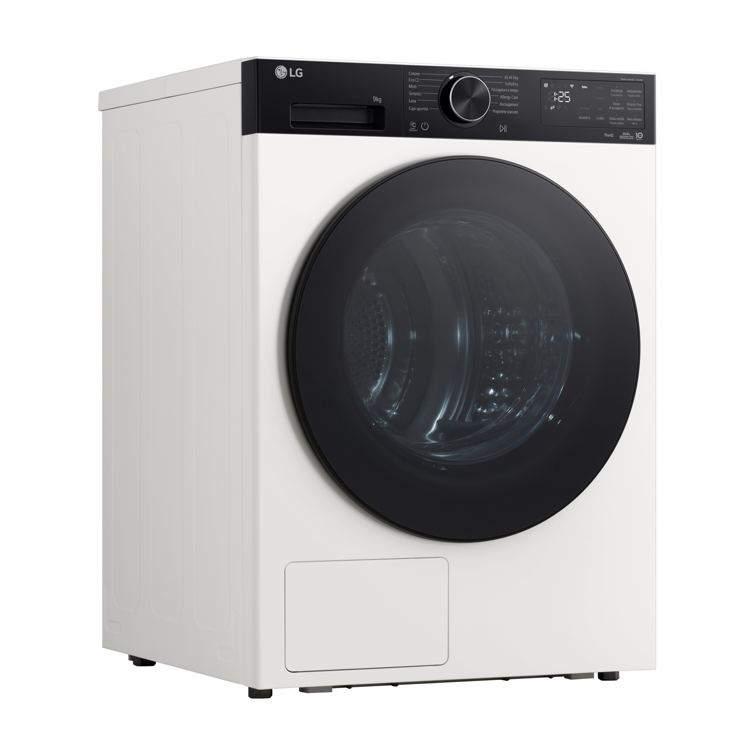 Lavatrice LG bianca con oblò e pannello neri. Capacità 9kg.