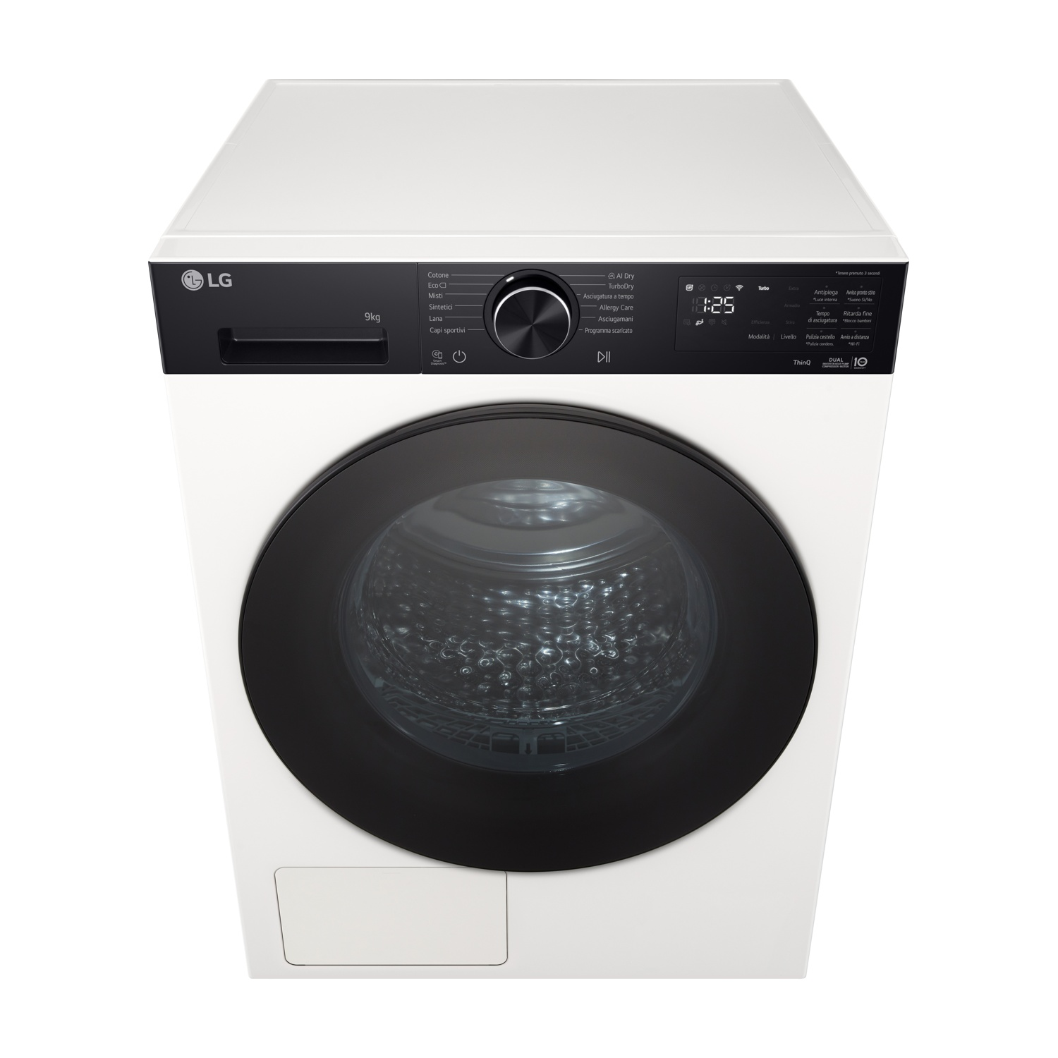 Lavatrice LG bianca con oblò e pannello di controllo neri. Capacità 9kg.