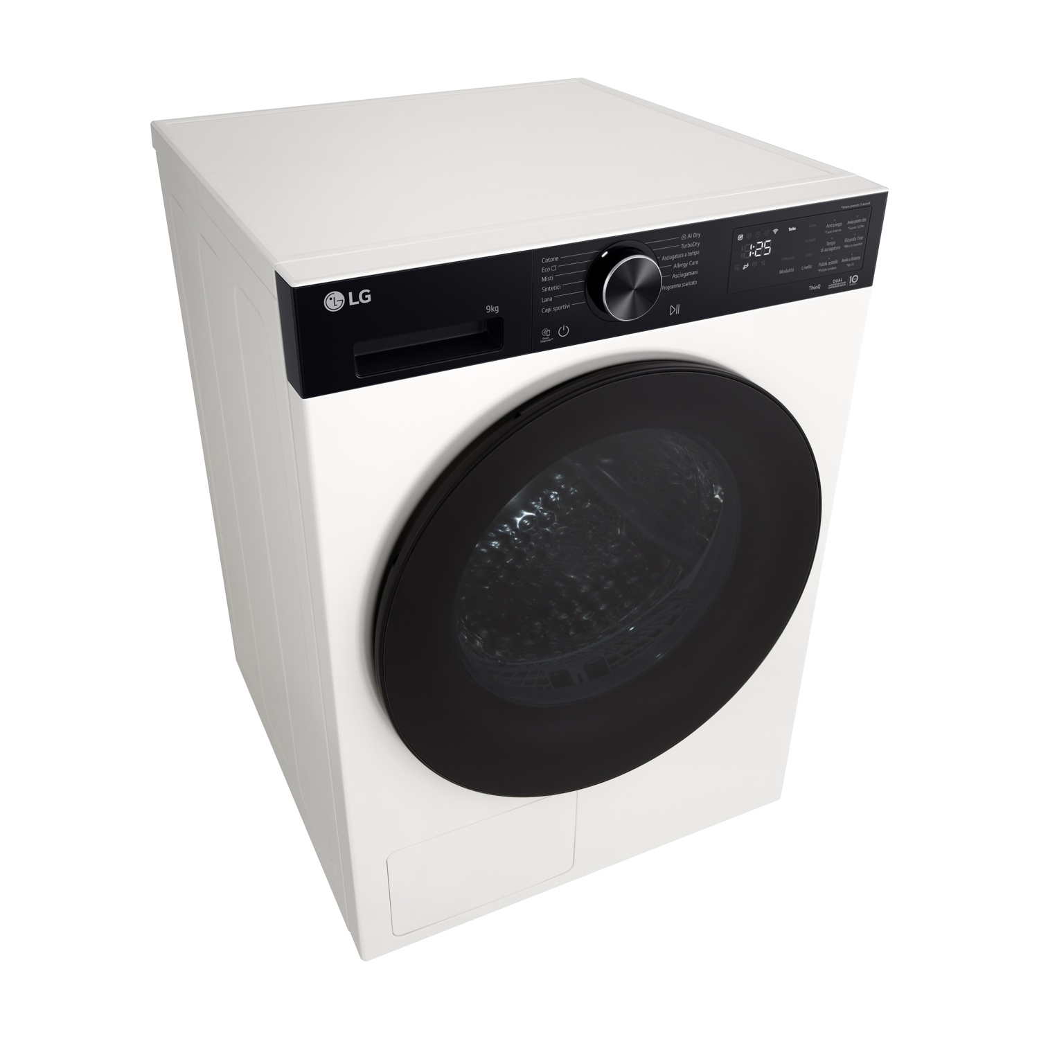 Lavatrice LG bianca con oblò e pannello neri. Capacità 9kg.
