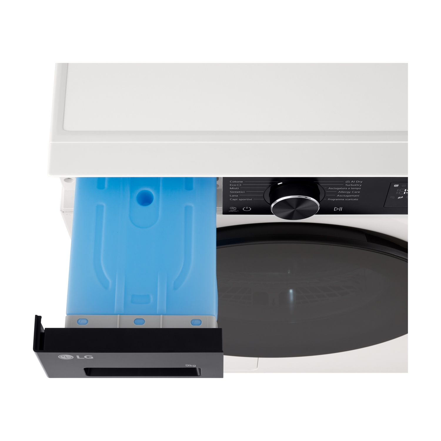 Un cassetto estraibile con vano blu è accanto a una lavatrice con pannello di controllo.