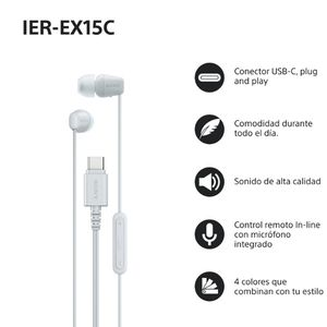Auriculares blancos in-ear con conector USB-C y control remoto.