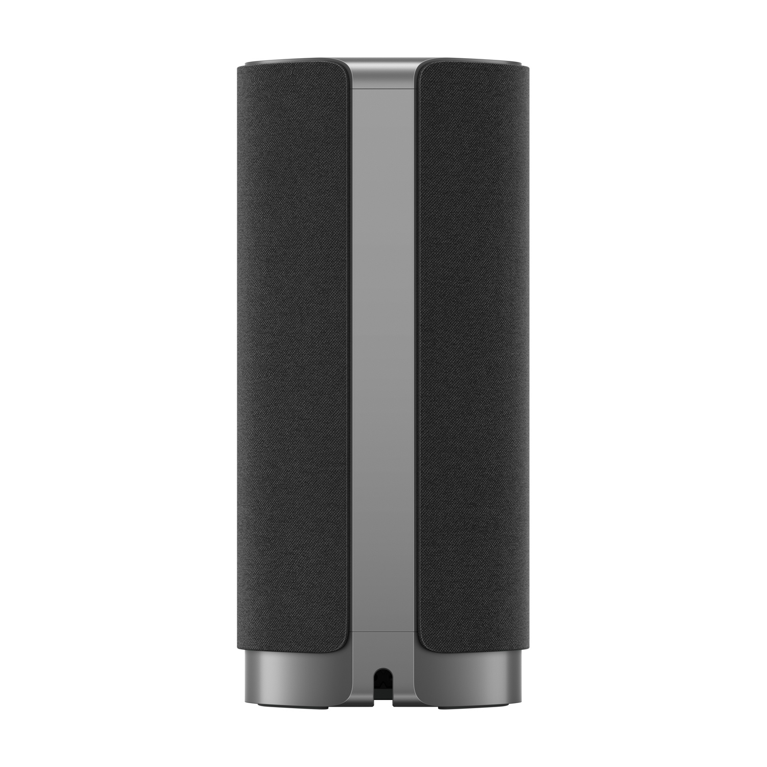 Altoparlante grigio con rivestimento in tessuto nero e accenti argentati.