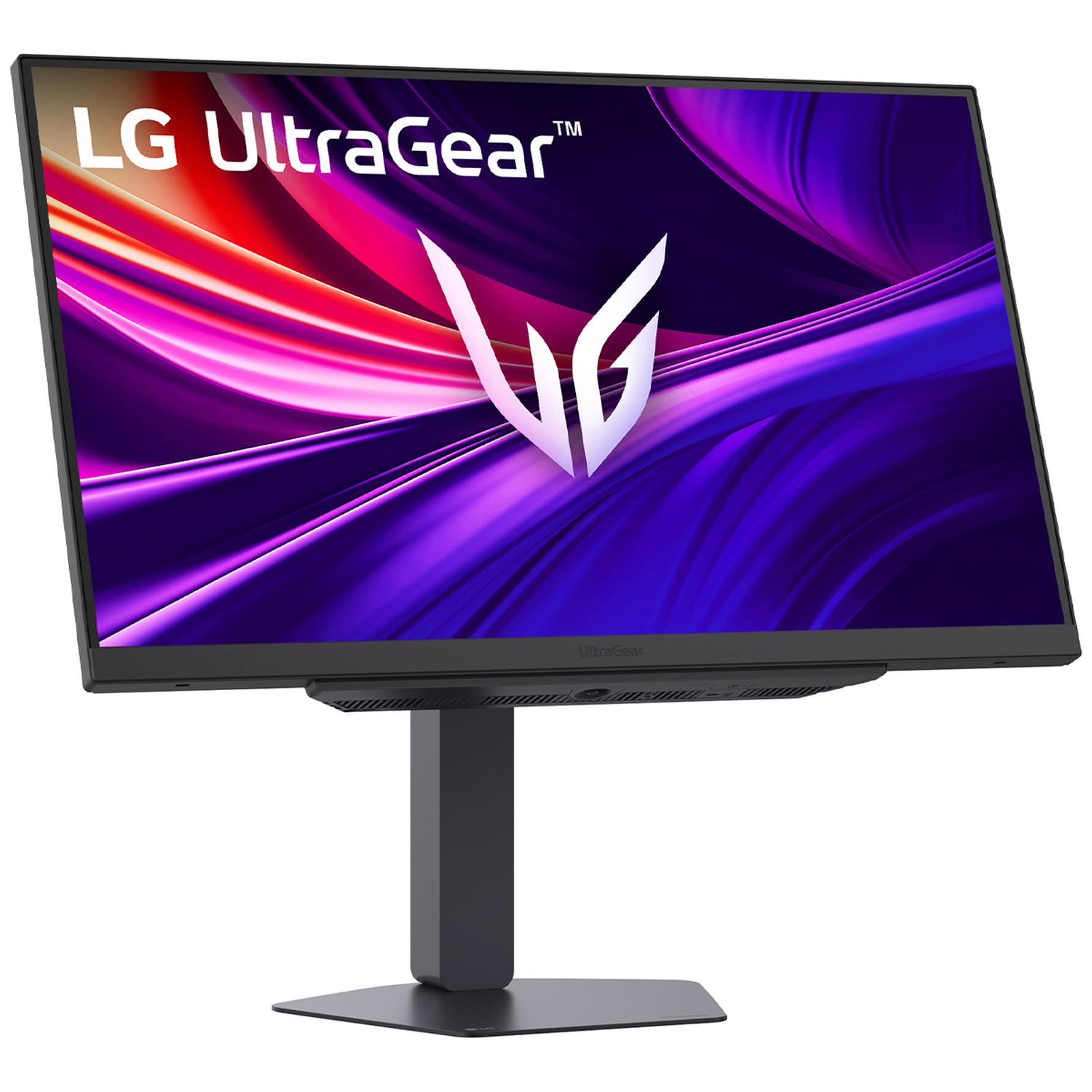 A black LG UltraGear monitor displays a colorful wallpaper with a silver logo.