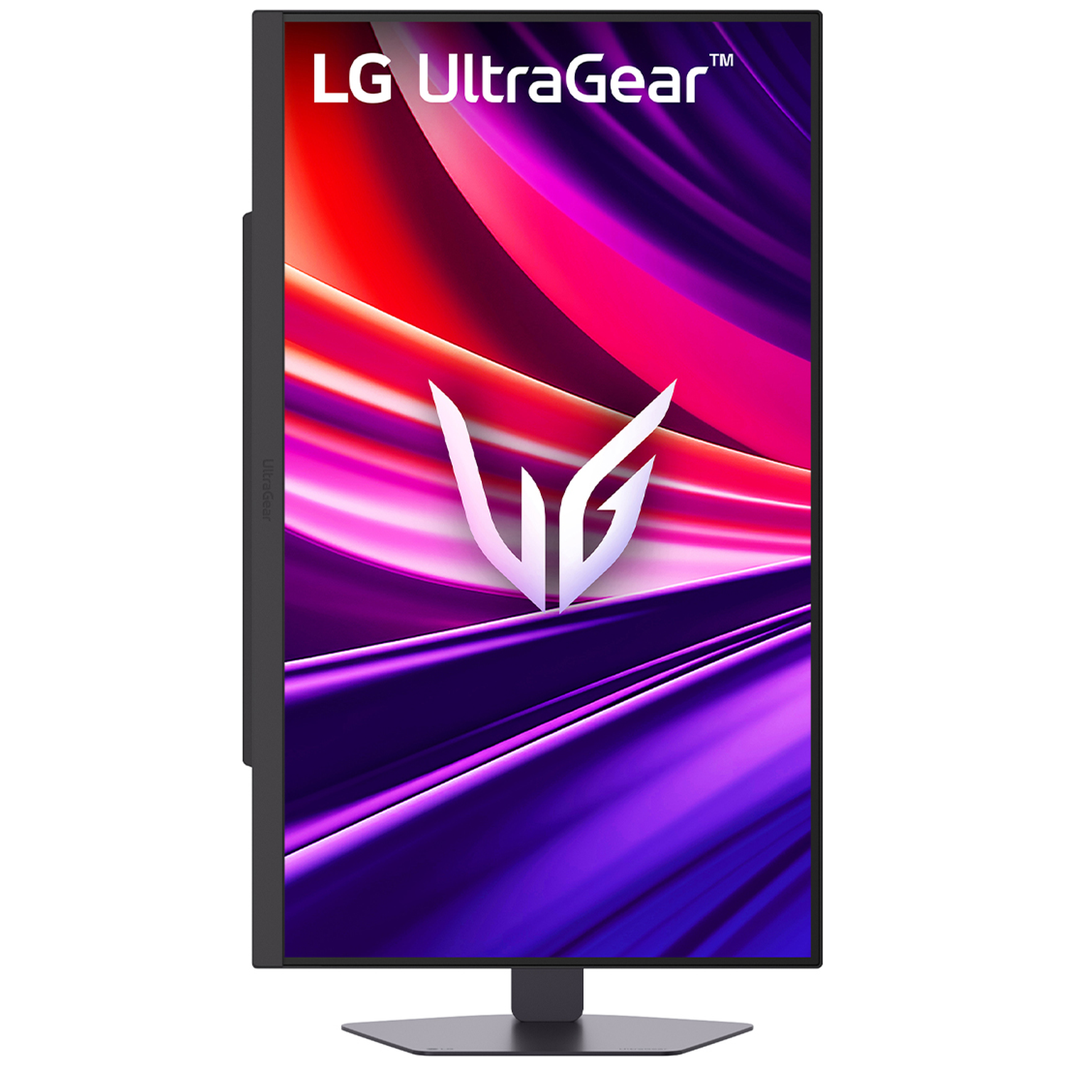 An LG UltraGear monitor displays a colorful abstract background with the LG logo.