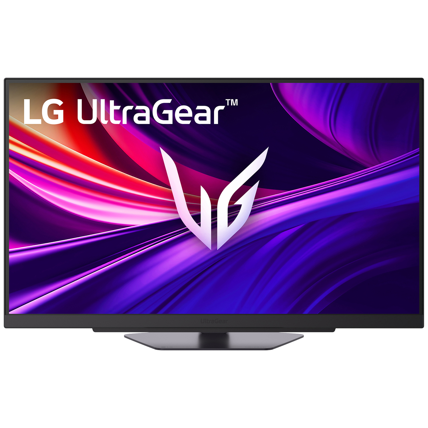 LG UltraGear monitor displaying a purple and pink abstract pattern and white logo.