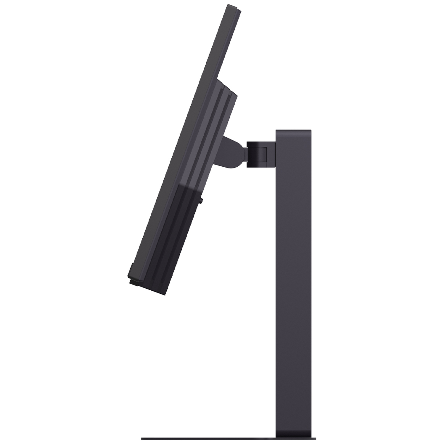 Black computer monitor with adjustable arm and base on a white background.