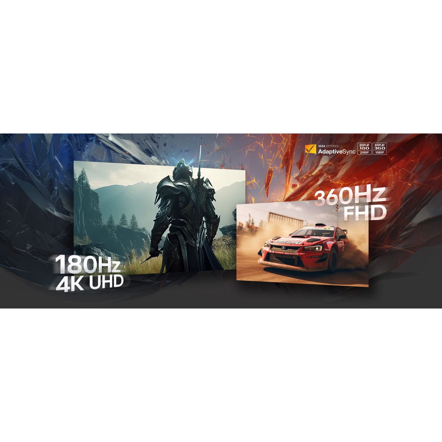 A knight before mountains, next to a rally car. 180Hz 4K UHD & 360Hz FHD.