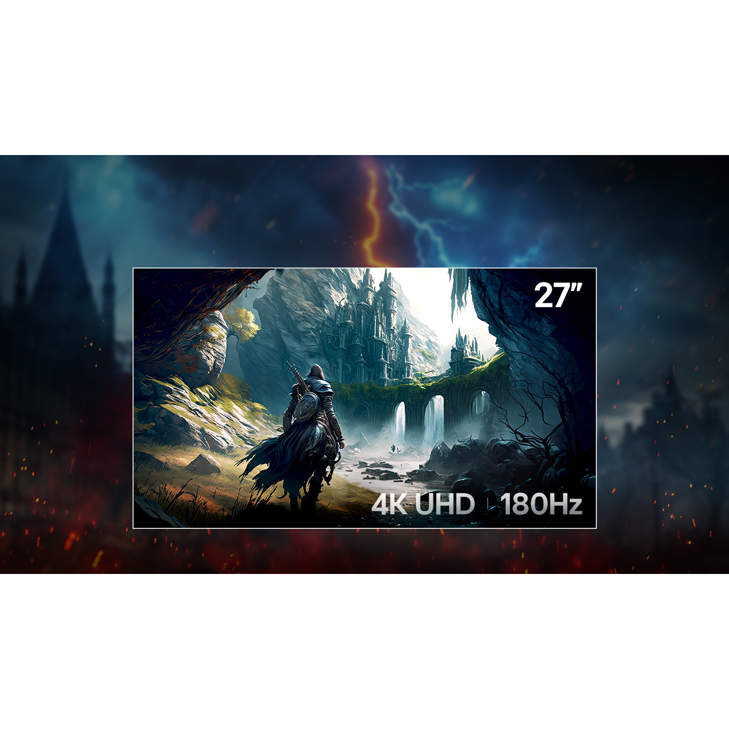 A knight on horseback before a fantasy castle with waterfalls. 27-inch, 4K UHD, 180Hz.