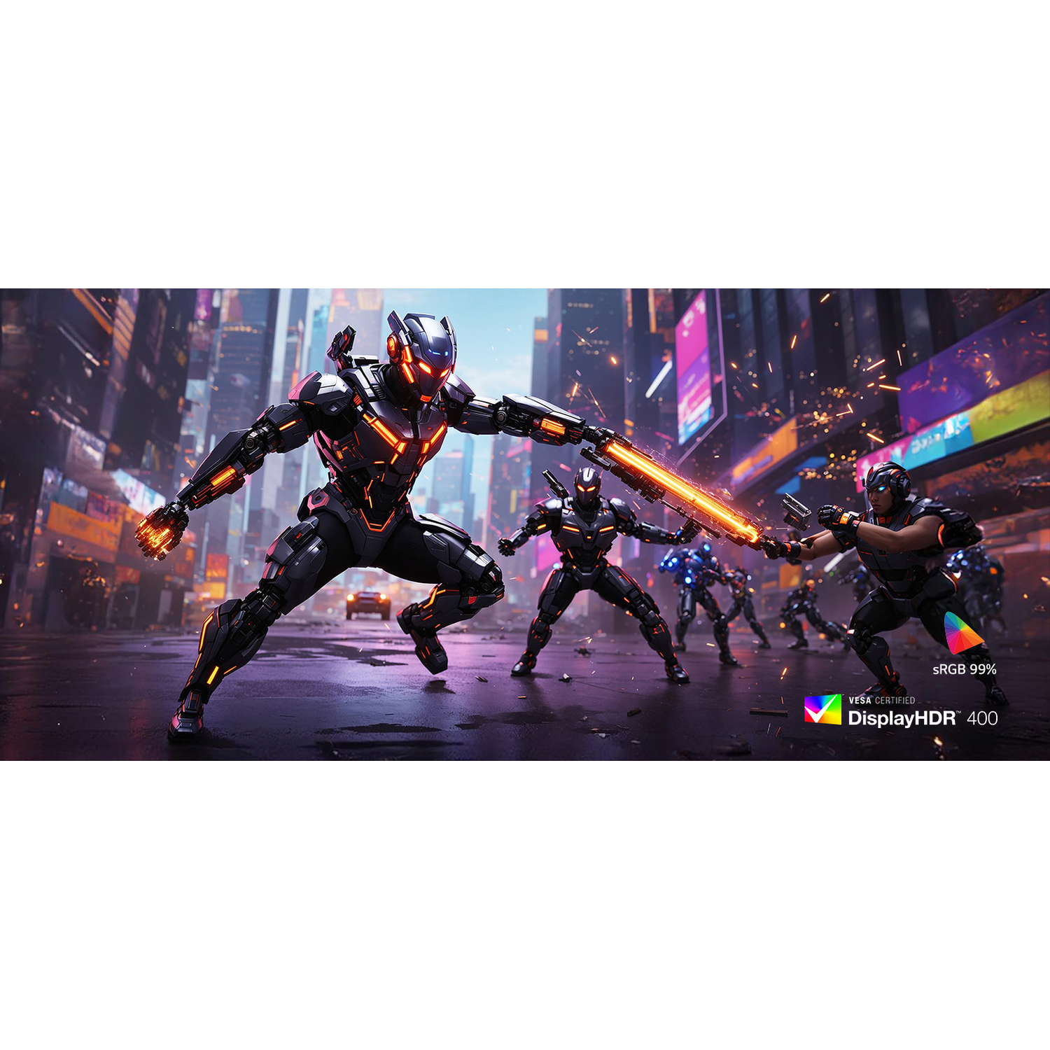 Cyberpunk warriors fight in a city at night, wielding glowing weapons.