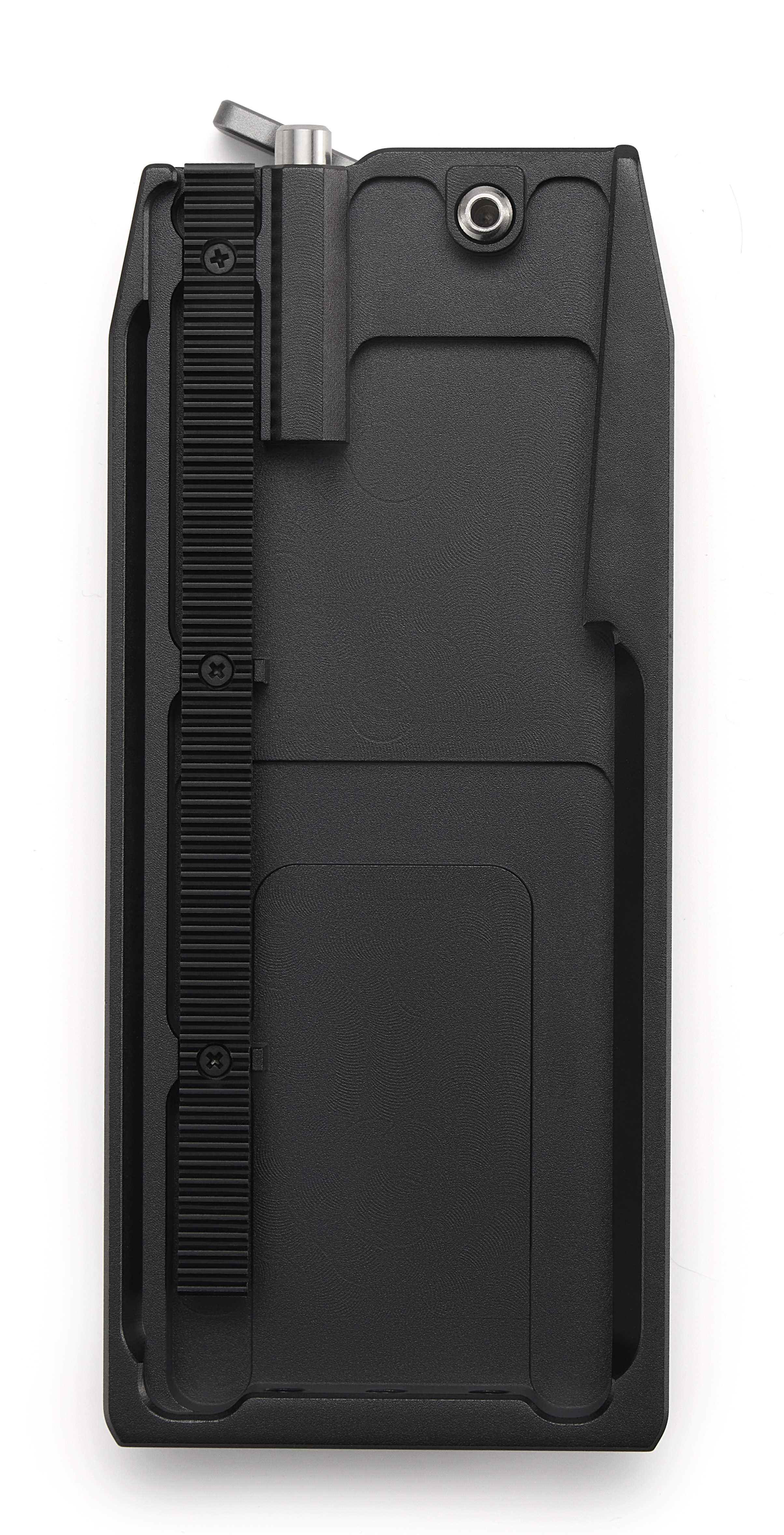 Czarna płyta rigowa do aparatu z pokrętłem i śrubami.