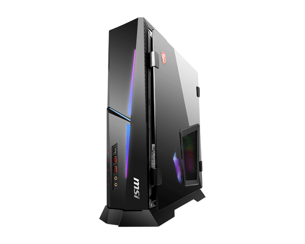 Black MSI gaming PC with RGB lighting and ports.