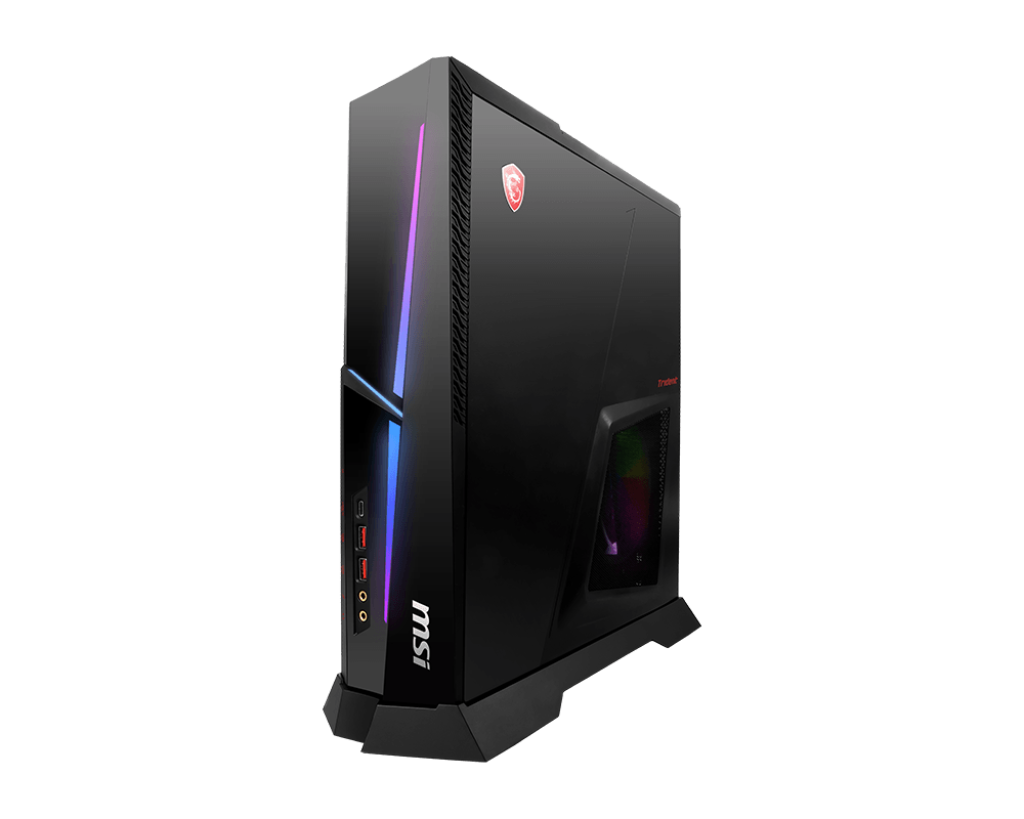 Black MSI gaming PC with RGB lighting and MSI logo.