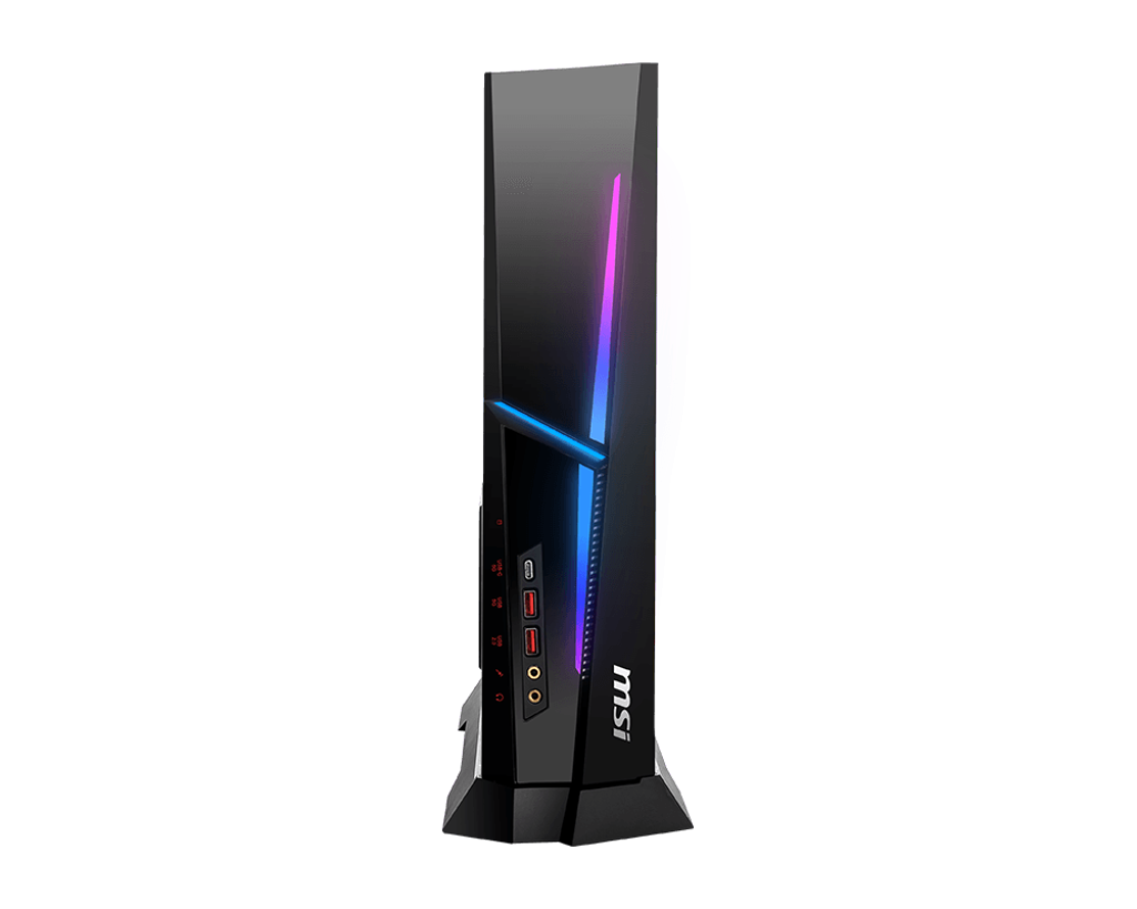 Black MSI gaming PC with RGB lighting and ports on the side.