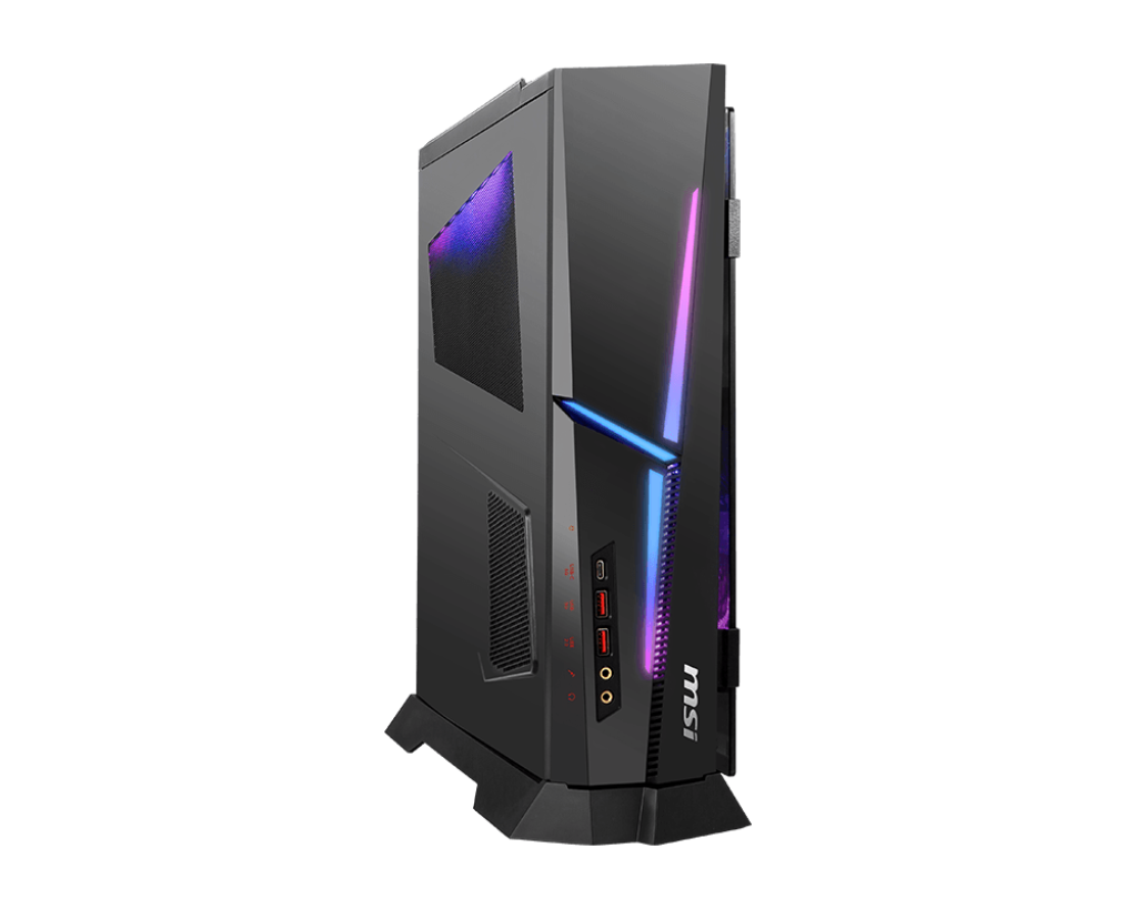 Black gaming PC with RGB lighting and MSI logo.