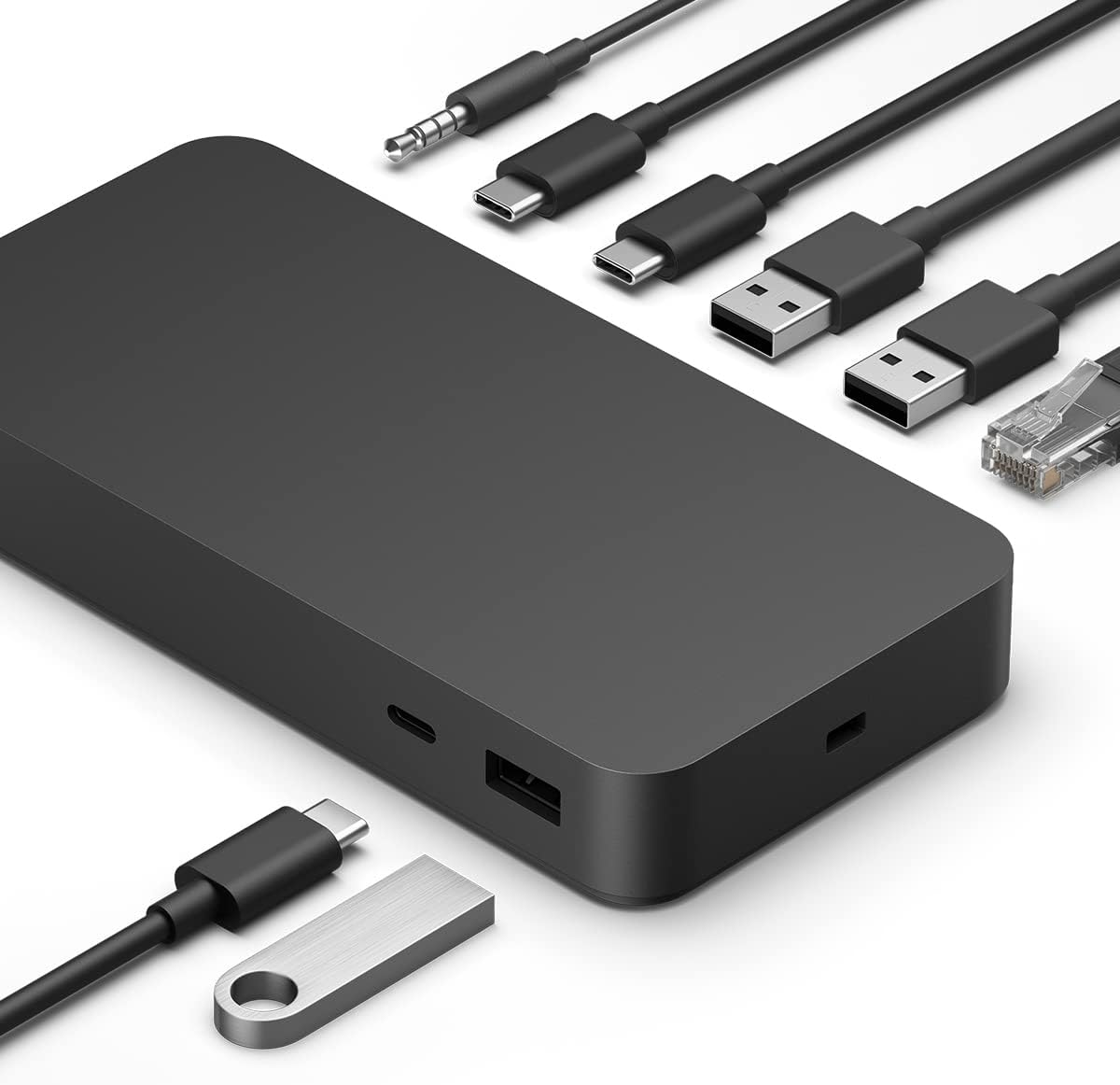 Un rectángulo negro con varios cables y una unidad USB.