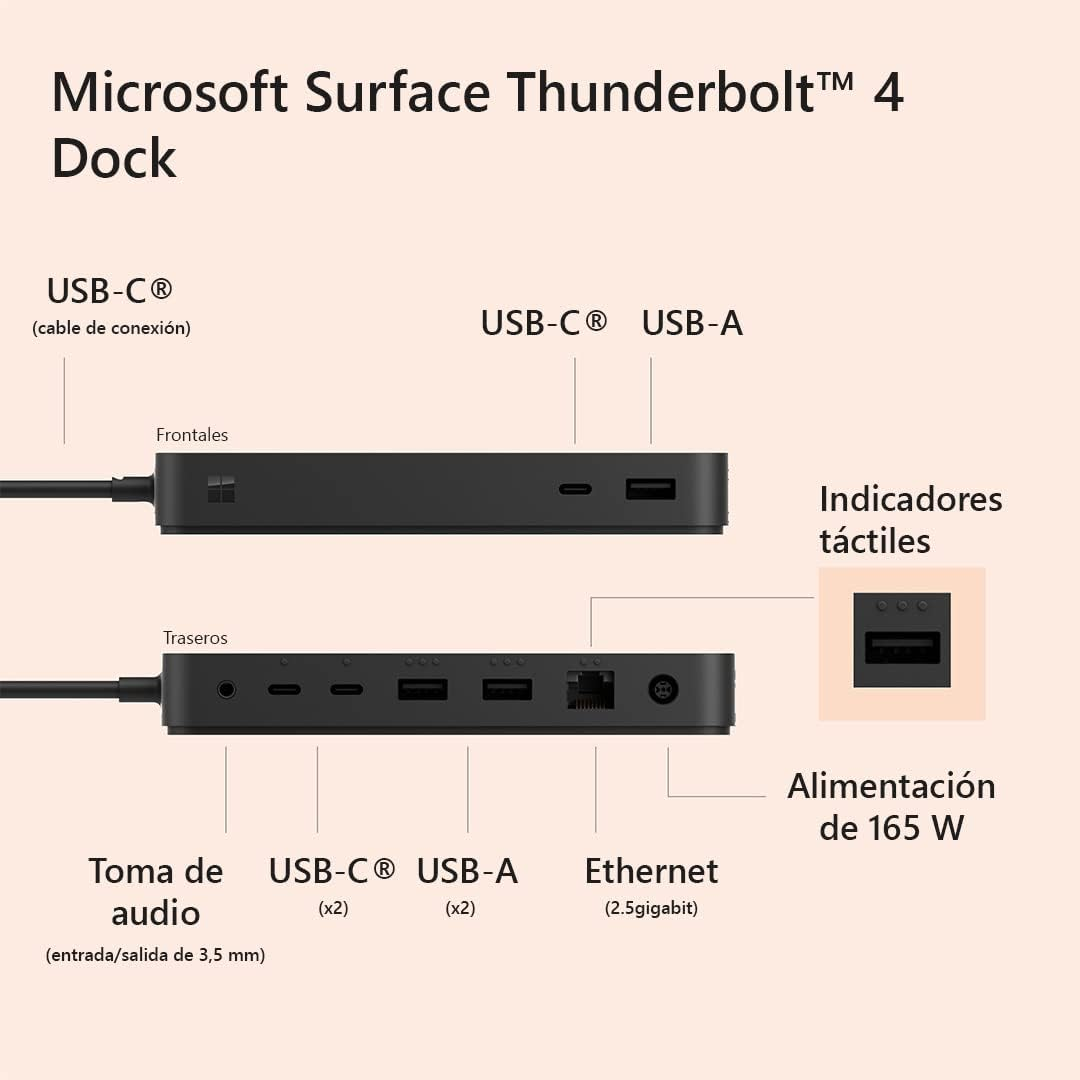 Base Microsoft Surface Thunderbolt 4: Vistas frontal y trasera con puertos.