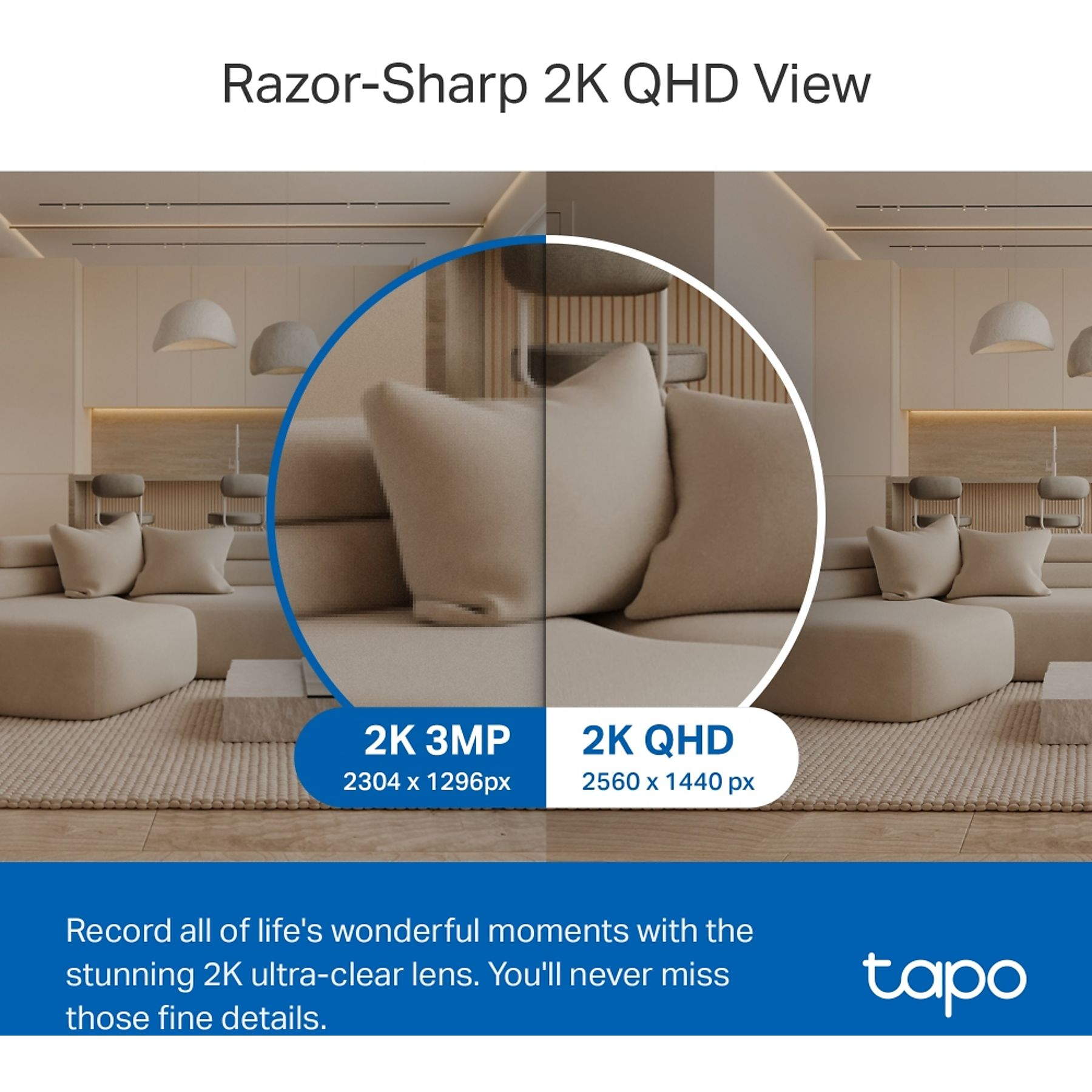 Confronto tra risoluzioni 2K 3MP e 2K QHD in un soggiorno.