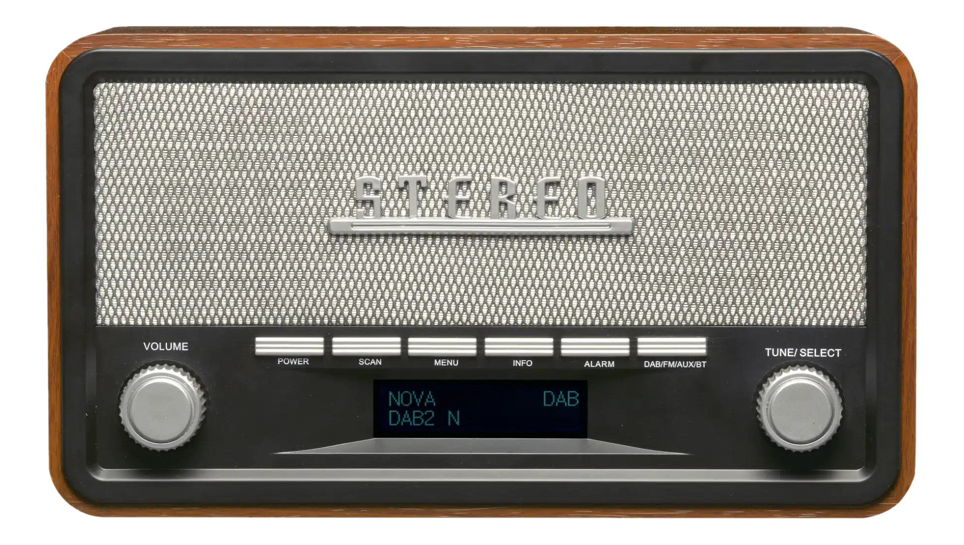Une radio en bois avec des boutons argentés, une grille en tissu et un écran.