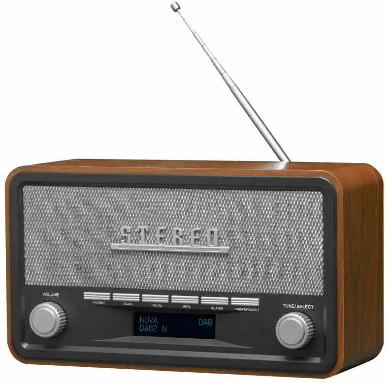 Une radio en bois avec antenne extensible et grille d'enceinte argentée.