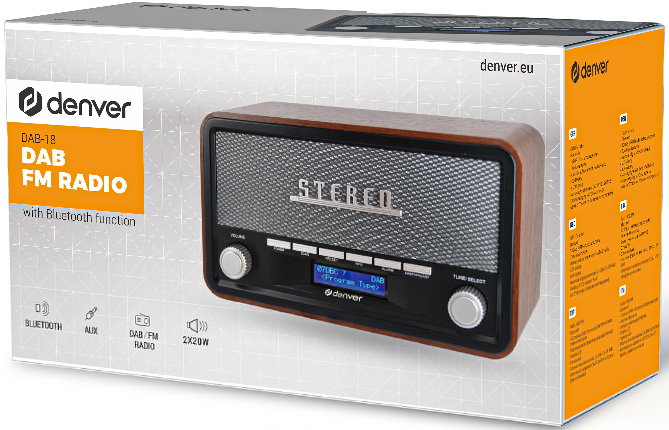 Radio Denver DAB-18 DAB/FM avec Bluetooth, finition bois, grille argentée et panneau de commande.