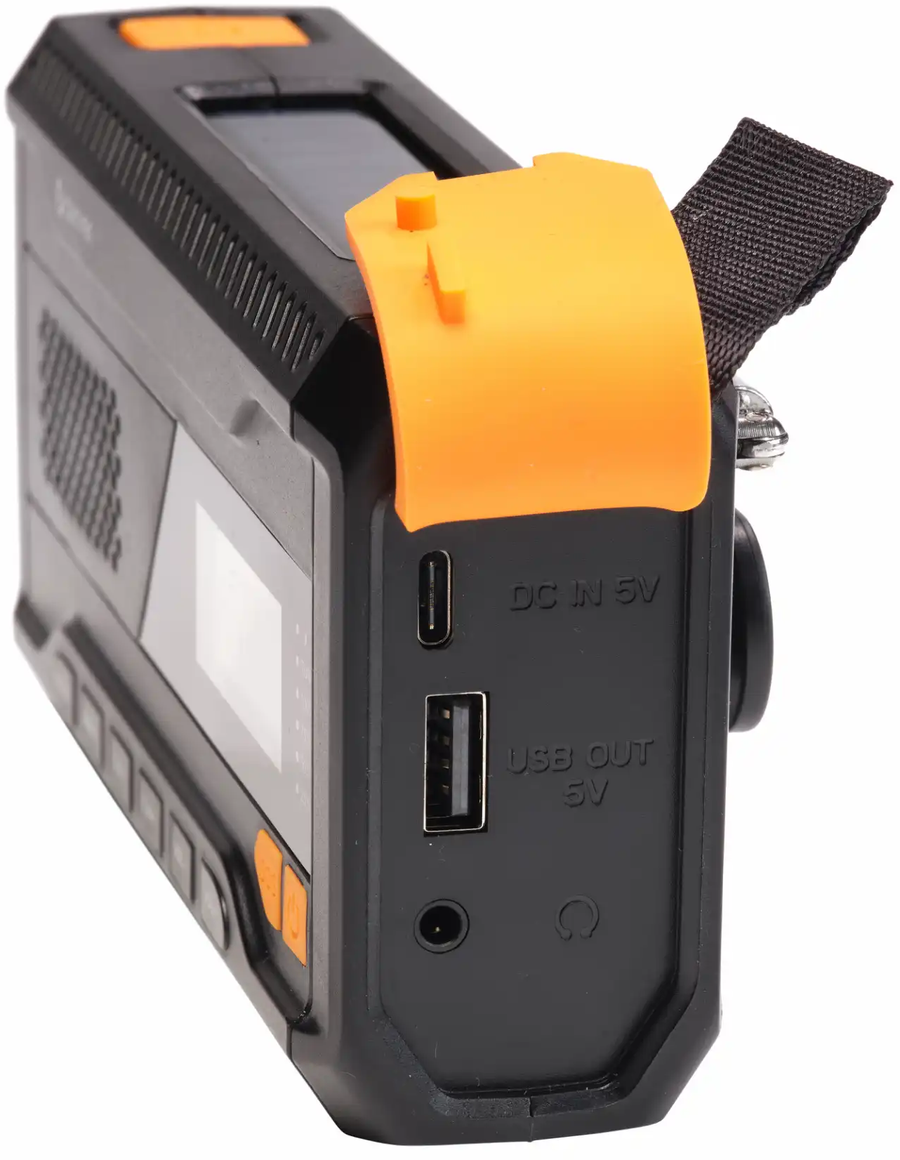 Appareil noir avec accents orange, ports USB et écran.