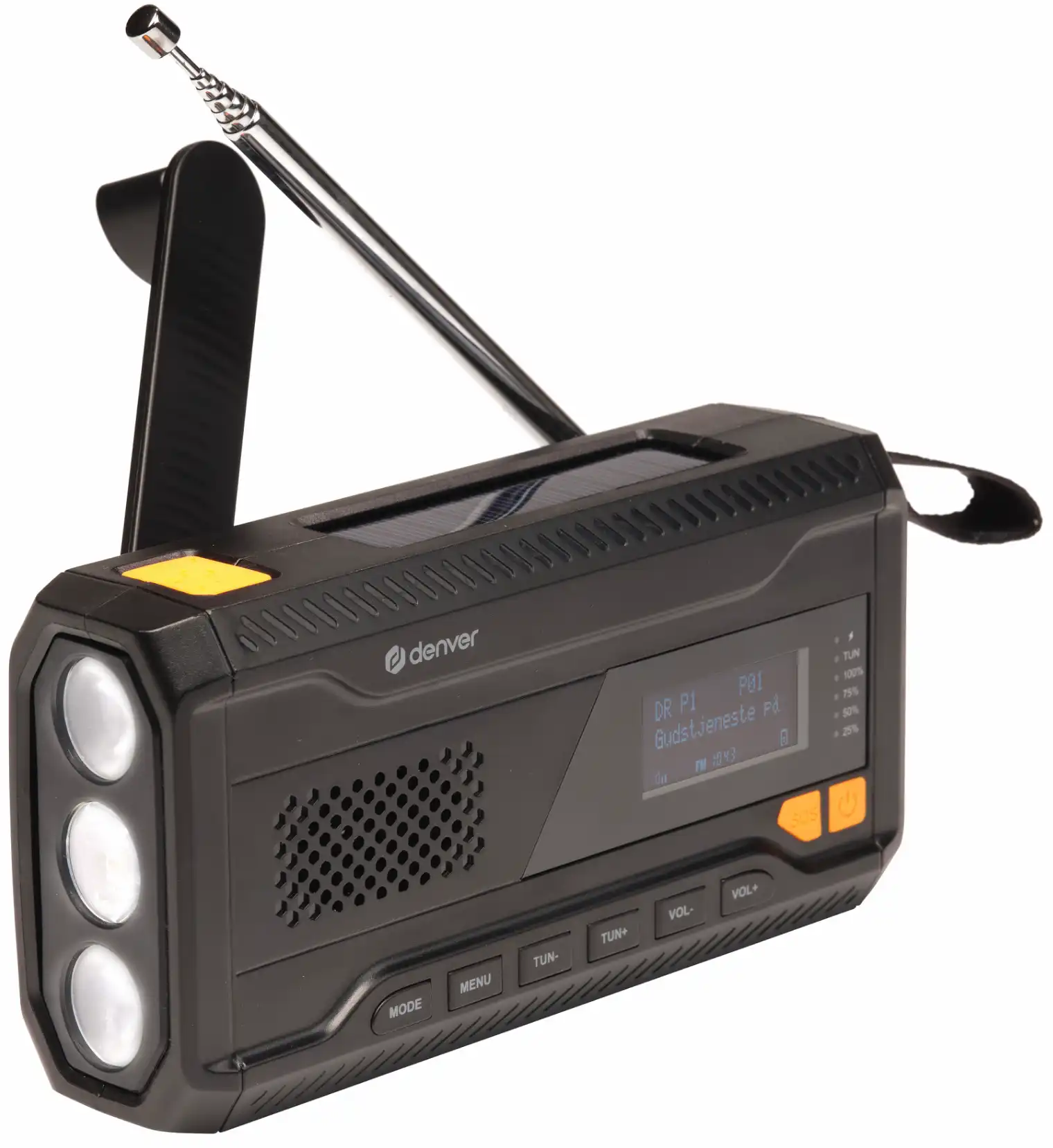 Une radio de secours Denver noire avec panneau solaire, lampes de poche et antenne.