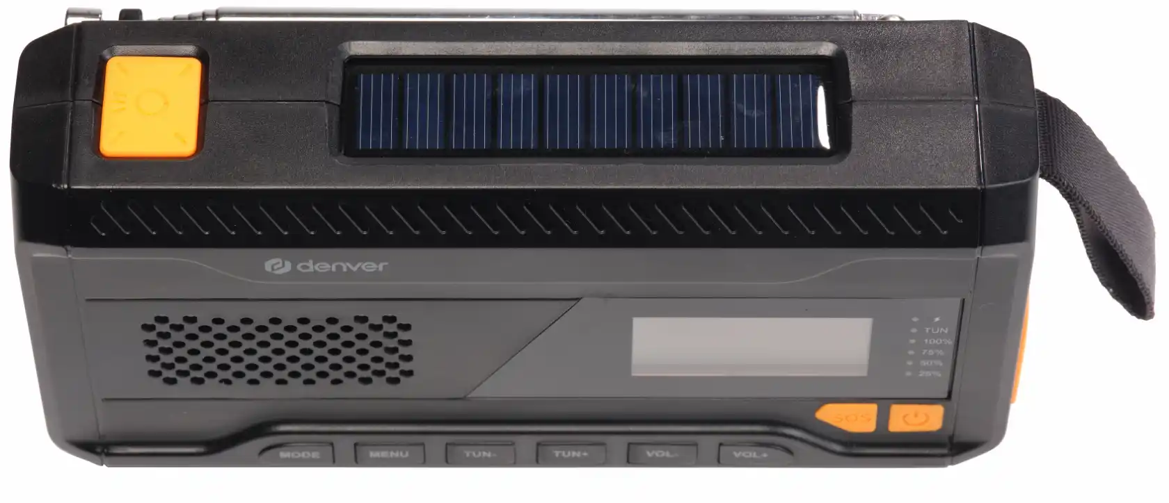 Radio noire avec panneau solaire, boutons orange et écran LCD.