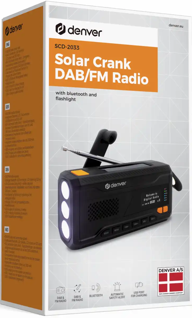 Radio DAB/FM noire à manivelle solaire Denver avec lampe torche, Bluetooth et écran.